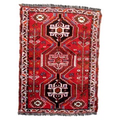 Handmade Vintage Persian Shiraz Rug 1940s Tribal Red Wool 3.8 x 5.1 ft -1C1270