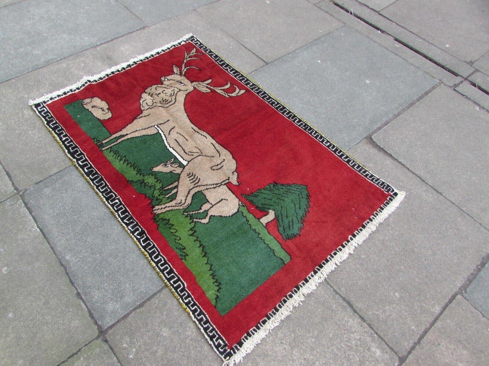 Handmade Vintage Persian Style Gabbeh Rug With Deer 2.6' x 4', 1970s - 1Q71 For Sale 2