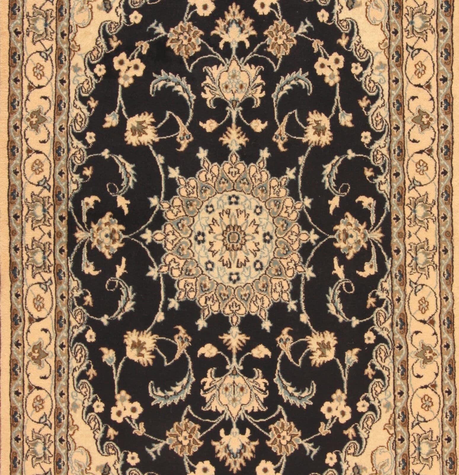 Unveil the elegance of our Handmade Vintage Persian Style Nain Rug, a stunning piece from the 1970s. Measuring at 4' x 6.7', this rug boasts a classic combination of beige and black shades, creating a timeless addition to your living space.

Crafted