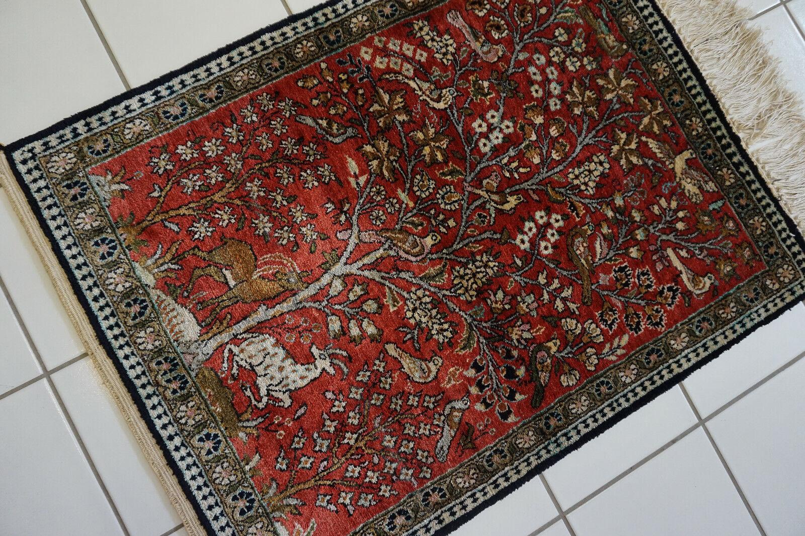 Handmade Vintage Persian Style Qum Silk Rug 1.9' x 2.5', 1970s - 1D64 For Sale 4