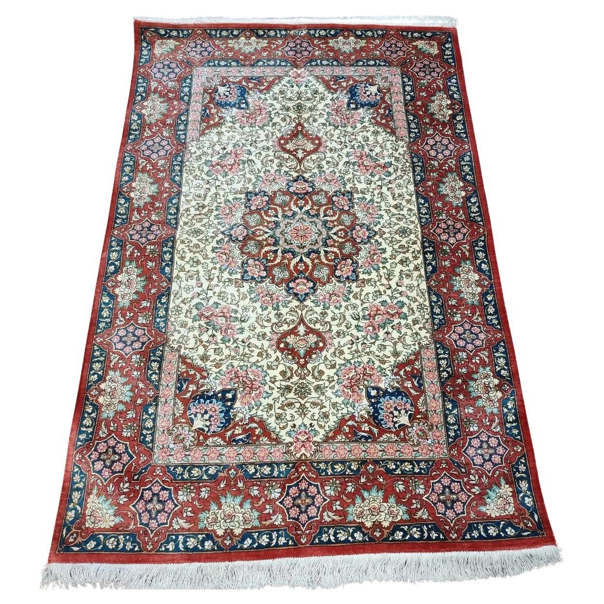 Handmade Vintage Persian Style Qum Silk Rug 3.2' x 4.8', 1990s - 1D132
