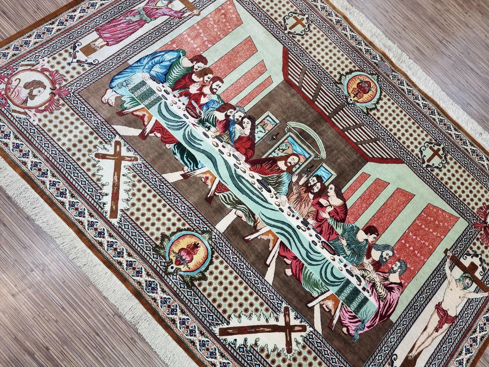 Handgefertigter Qum-Seidenteppich im persischen Vintage-Stil 4.4' x 6.2', 1970er Jahre - 1D81 im Angebot 6