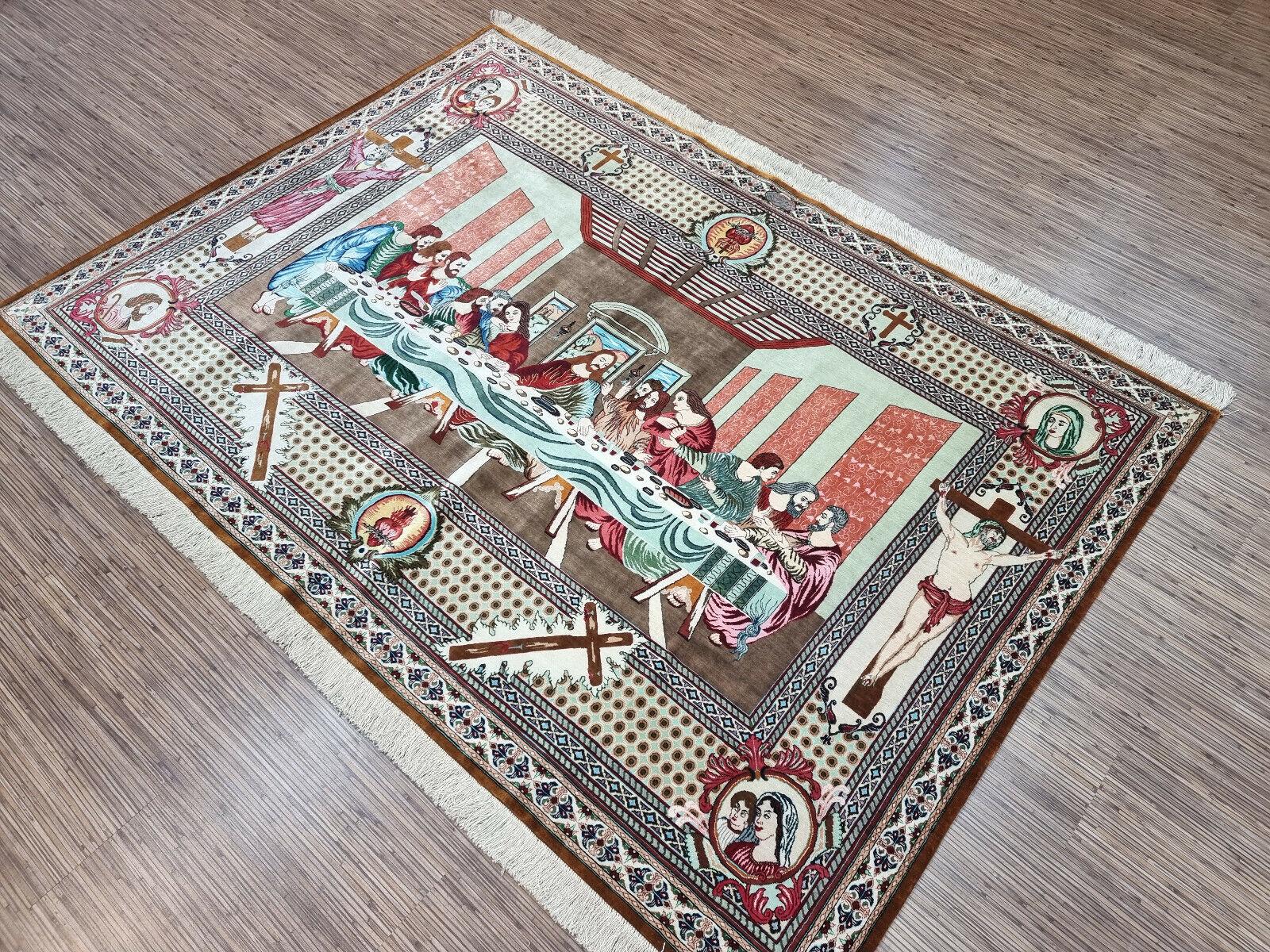 Handgefertigter Qum-Seidenteppich im persischen Vintage-Stil 4.4' x 6.2', 1970er Jahre - 1D81 im Zustand „Gut“ im Angebot in Bordeaux, FR