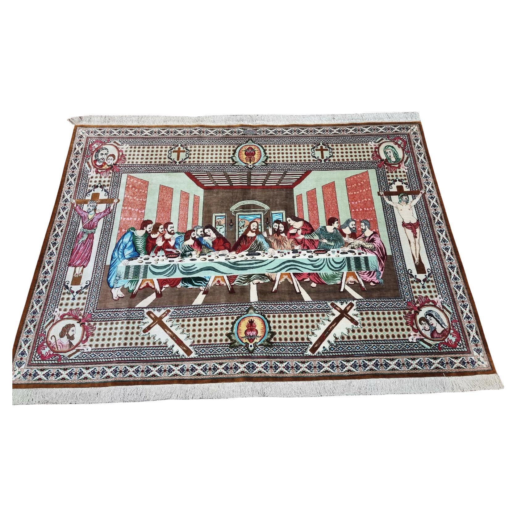 Handmade Vintage Persian Style Qum Silk Rug 4.4' x 6.2', 1970s - 1D81
