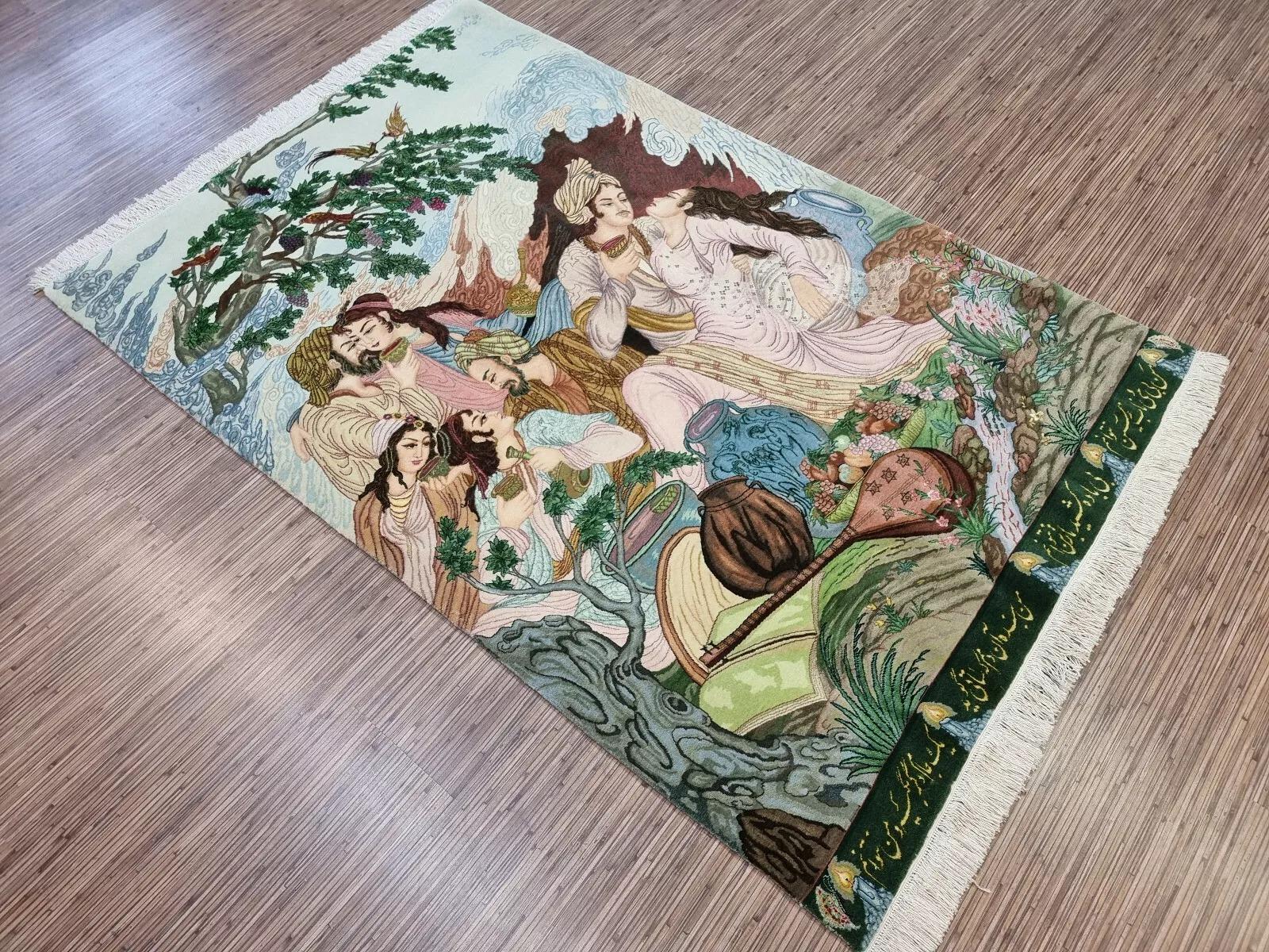 Tapis de Tabriz de style persan vintage fait à la main avec soie 3,6' x 5,4', 1970 - 1D131 en vente 4