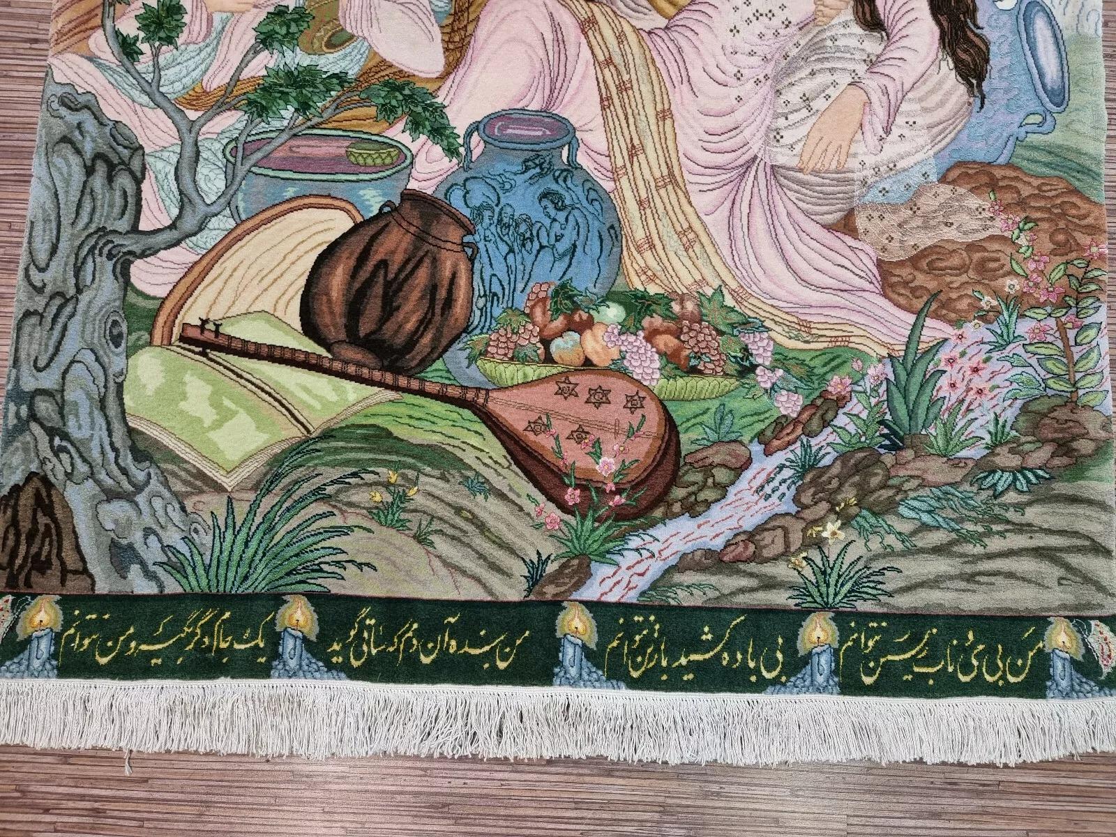 Noué à la main Tapis de Tabriz de style persan vintage fait à la main avec soie 3,6' x 5,4', 1970 - 1D131 en vente