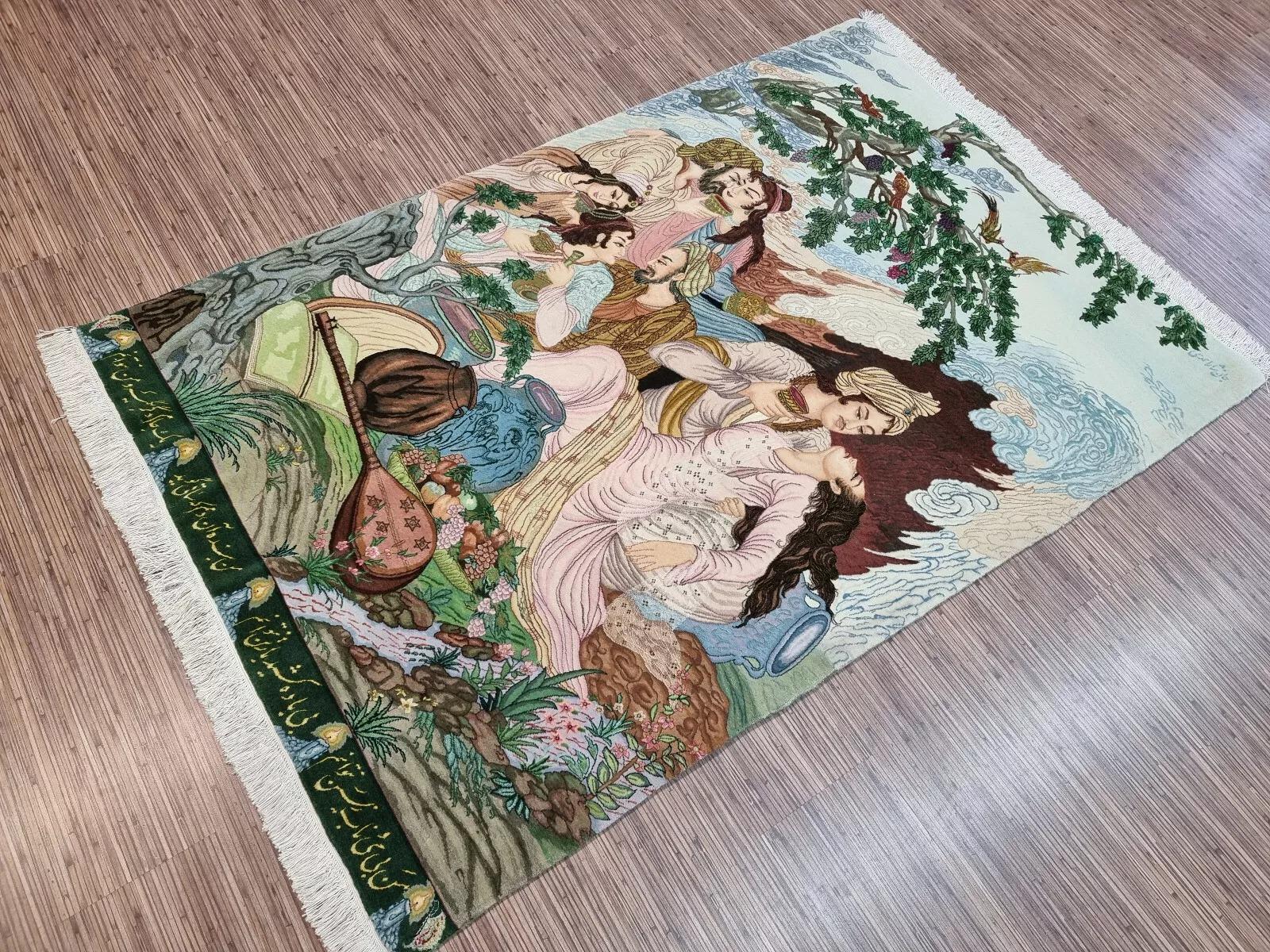 Tapis de Tabriz de style persan vintage fait à la main avec soie 3,6' x 5,4', 1970 - 1D131 en vente 1