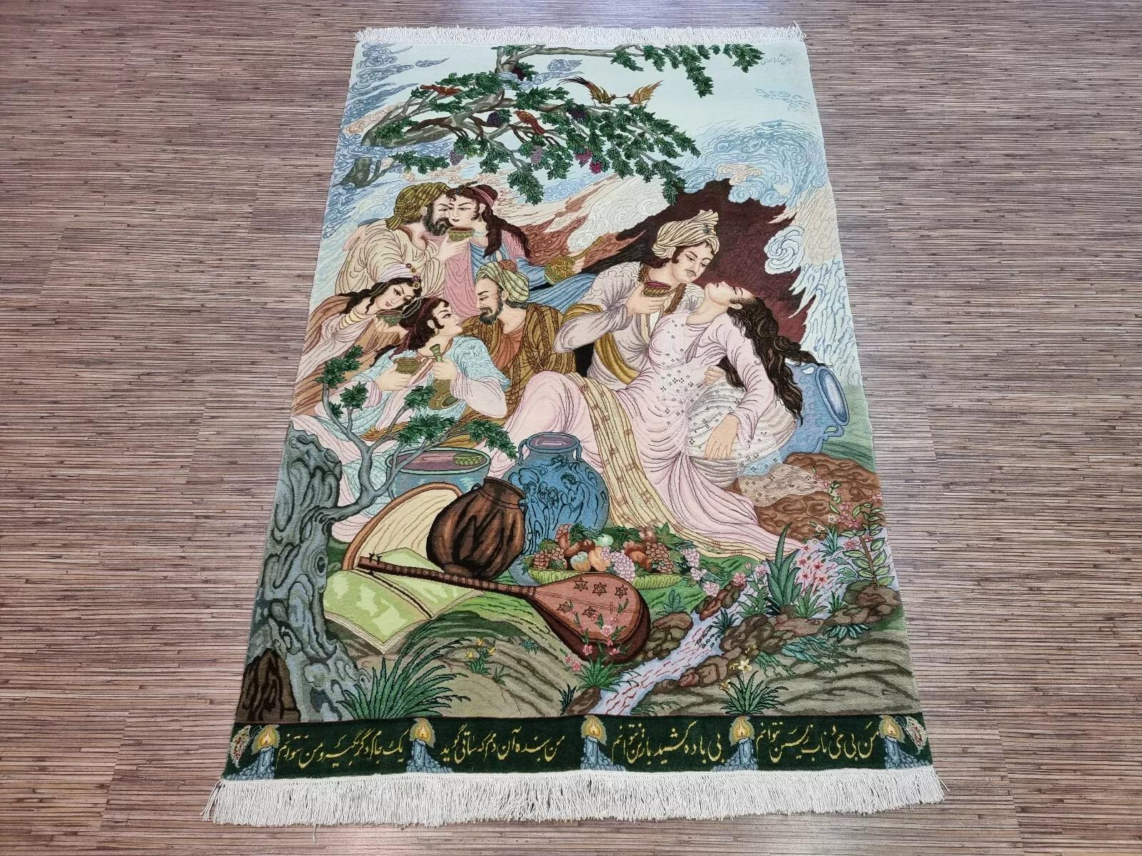Tapis de Tabriz de style persan vintage fait à la main avec soie 3,6' x 5,4', 1970 - 1D131 en vente 3