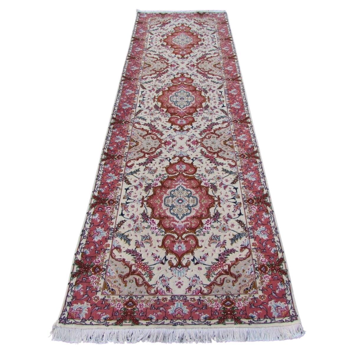 Handmade Vintage Persian Style Tabriz Runner Silk Rug 2.9' x 9.8', 1980s, 1Q49 For Sale
