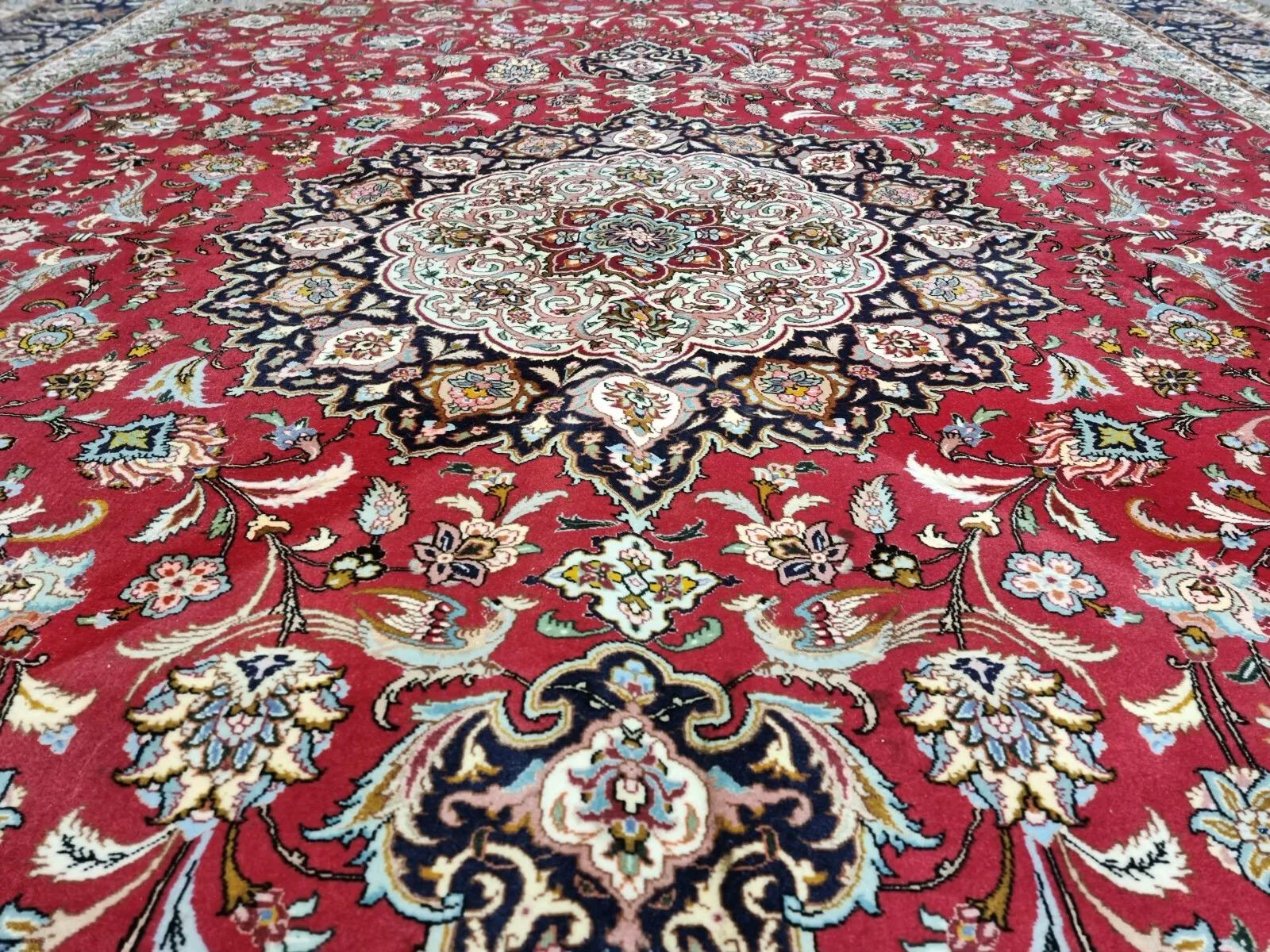 Noué à la main Tapis persan Tabriz vintage fait à la main avec soie 8,3' x 11,6' 1970 - 1D188 en vente