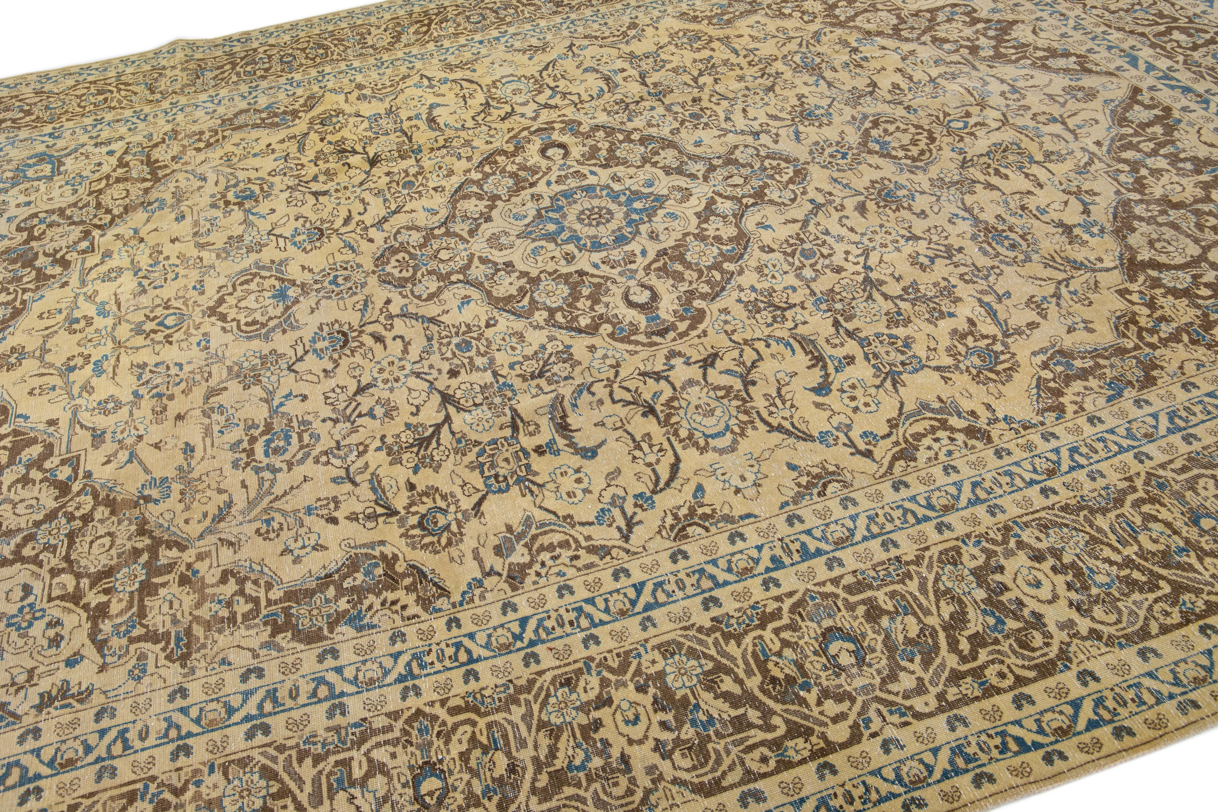 Hand-Knotted Handmade Vintage Persian Tabriz Tan Wool Rug With Medallion Design  For Sale