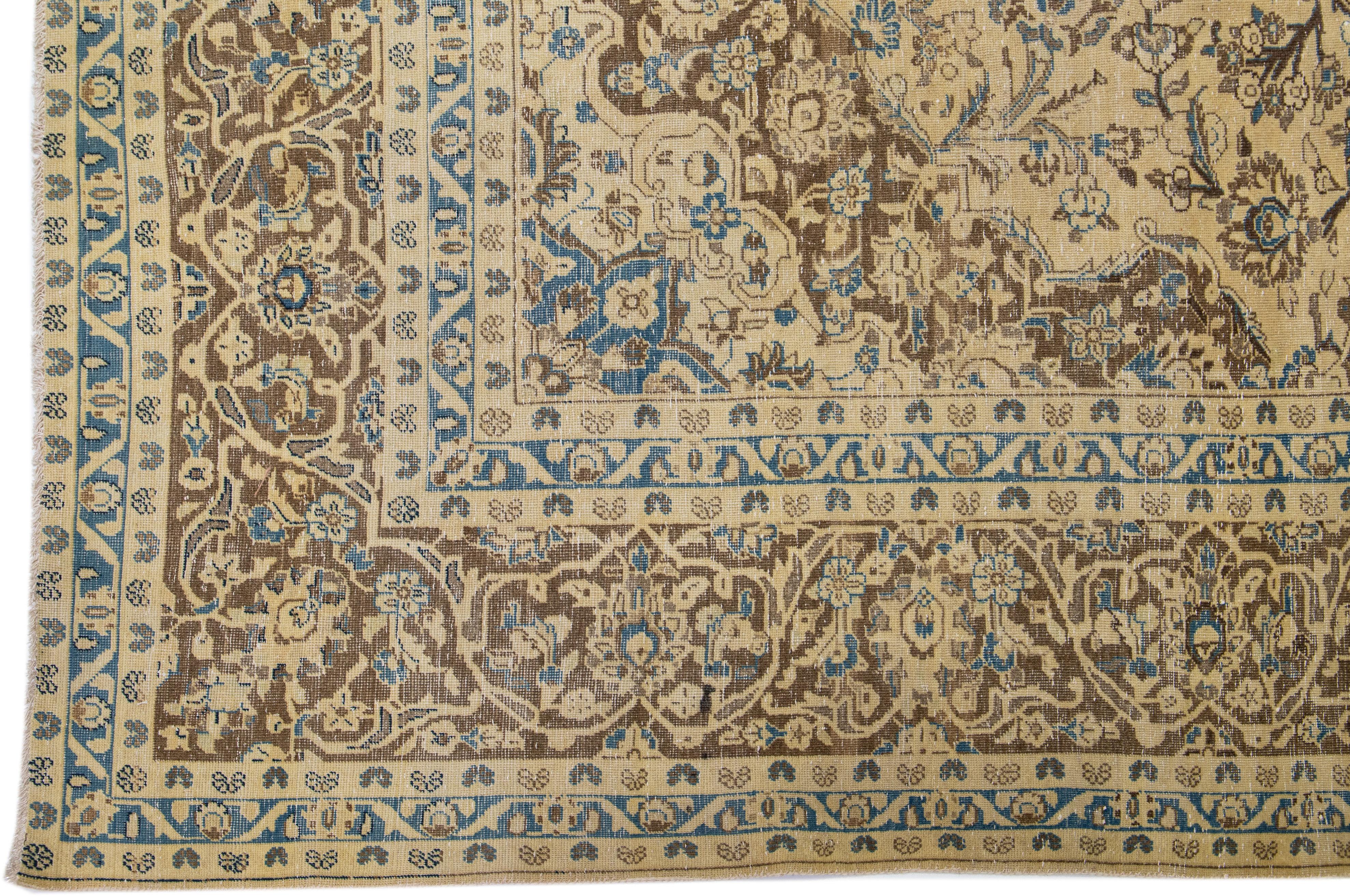 20th Century Handmade Vintage Persian Tabriz Tan Wool Rug With Medallion Design  For Sale