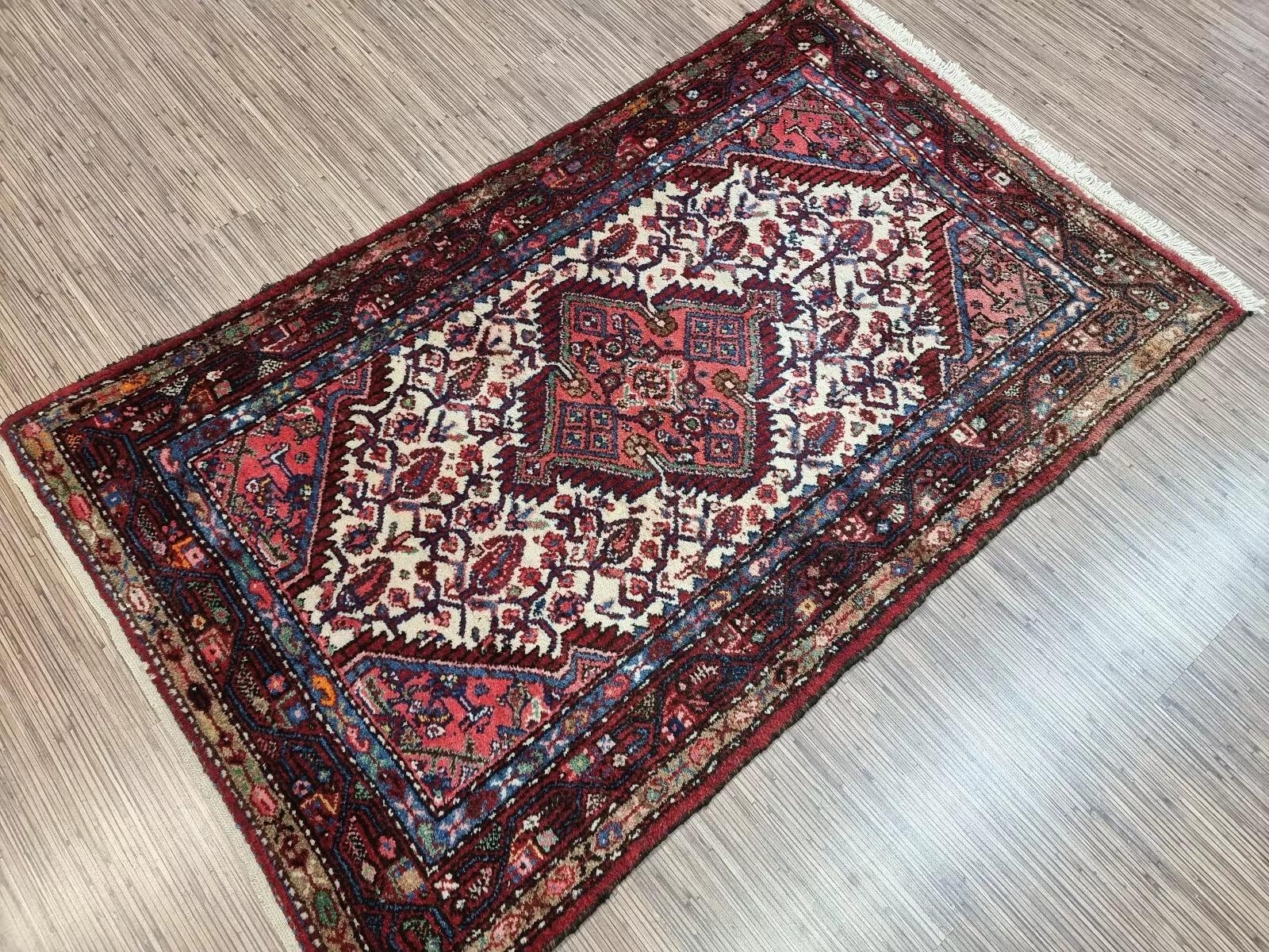 Lana Tappeto persiano vintage Hamadan fatto a mano 3,1' x 5,1' 1950 - 1D184 in vendita