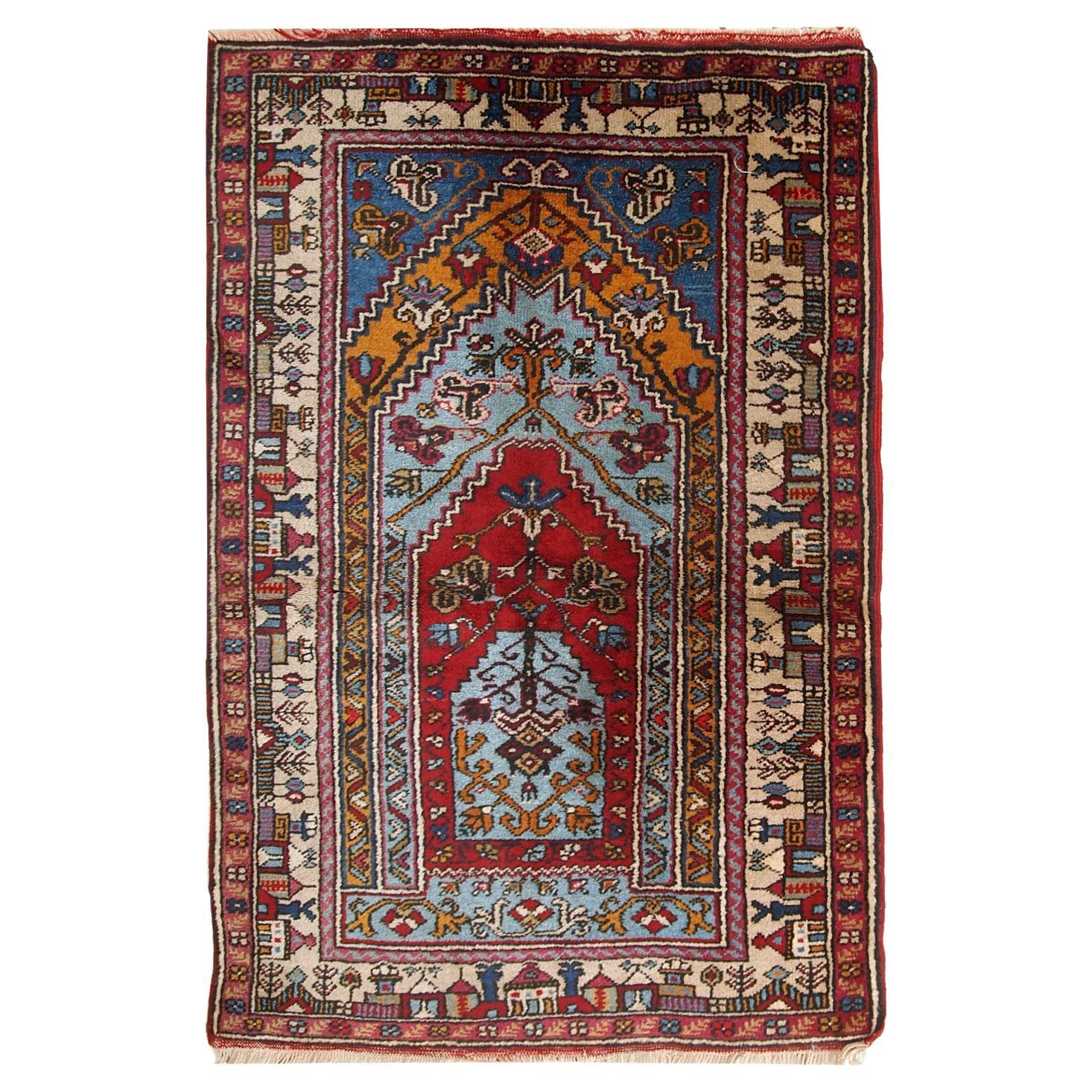 Handmade Vintage Prayer Turkish Konya Rug, 1950s, 1C528