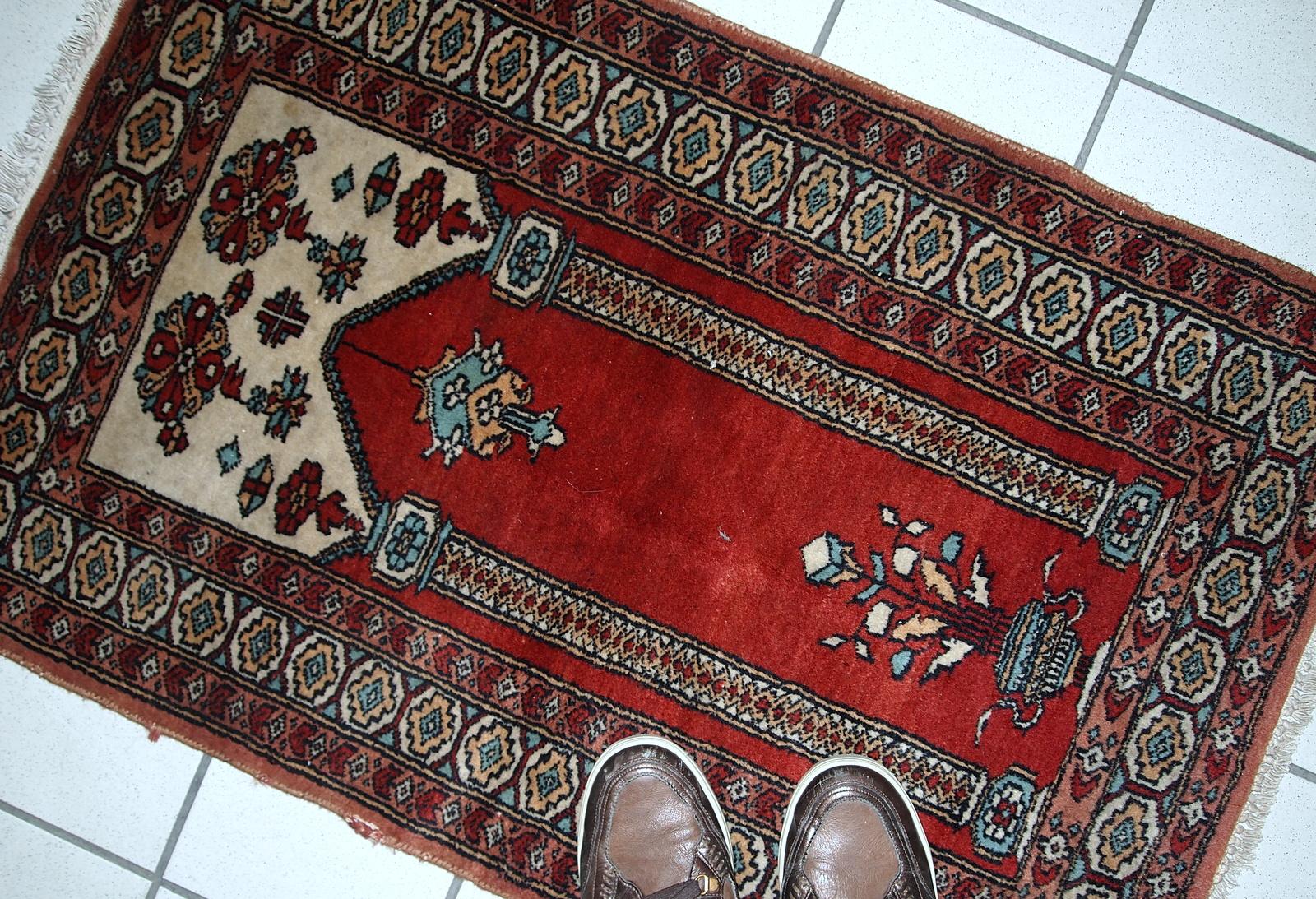 Hand-Knotted Handmade Vintage Prayer Turkish Konya Rug, 1970s, 1c600 For Sale