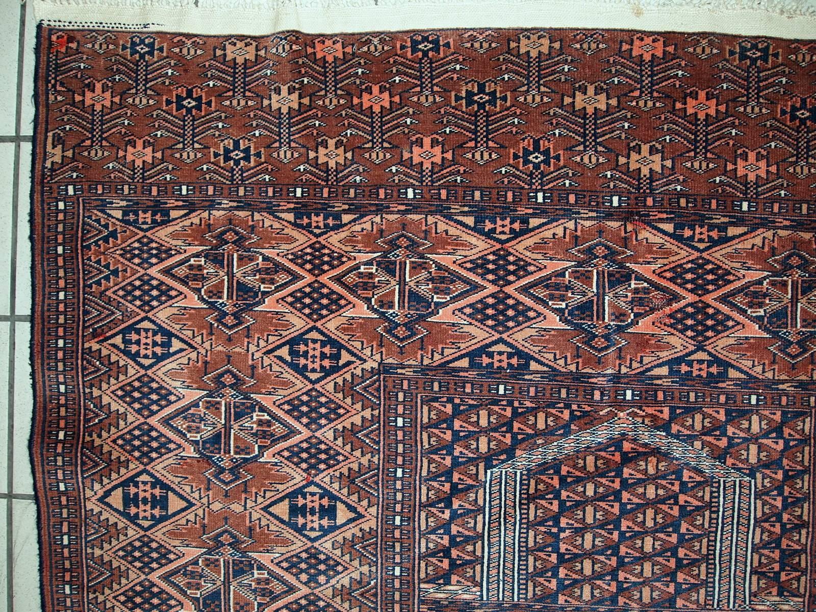Hand-Knotted Handmade Vintage Prayer Turkmen Hachli Rug, 1940s, 1C562 For Sale