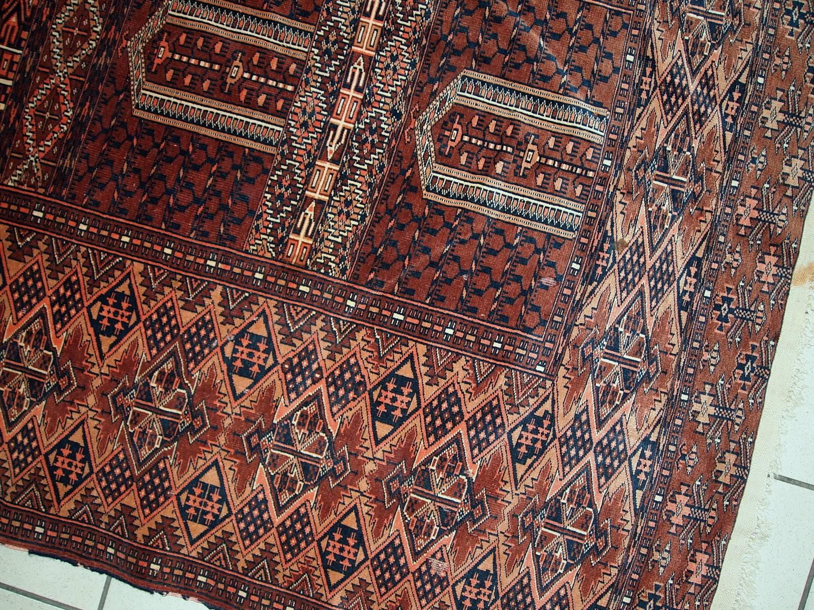 Handmade Vintage Prayer Turkmen Hachli Rug, 1940s, 1C562 2