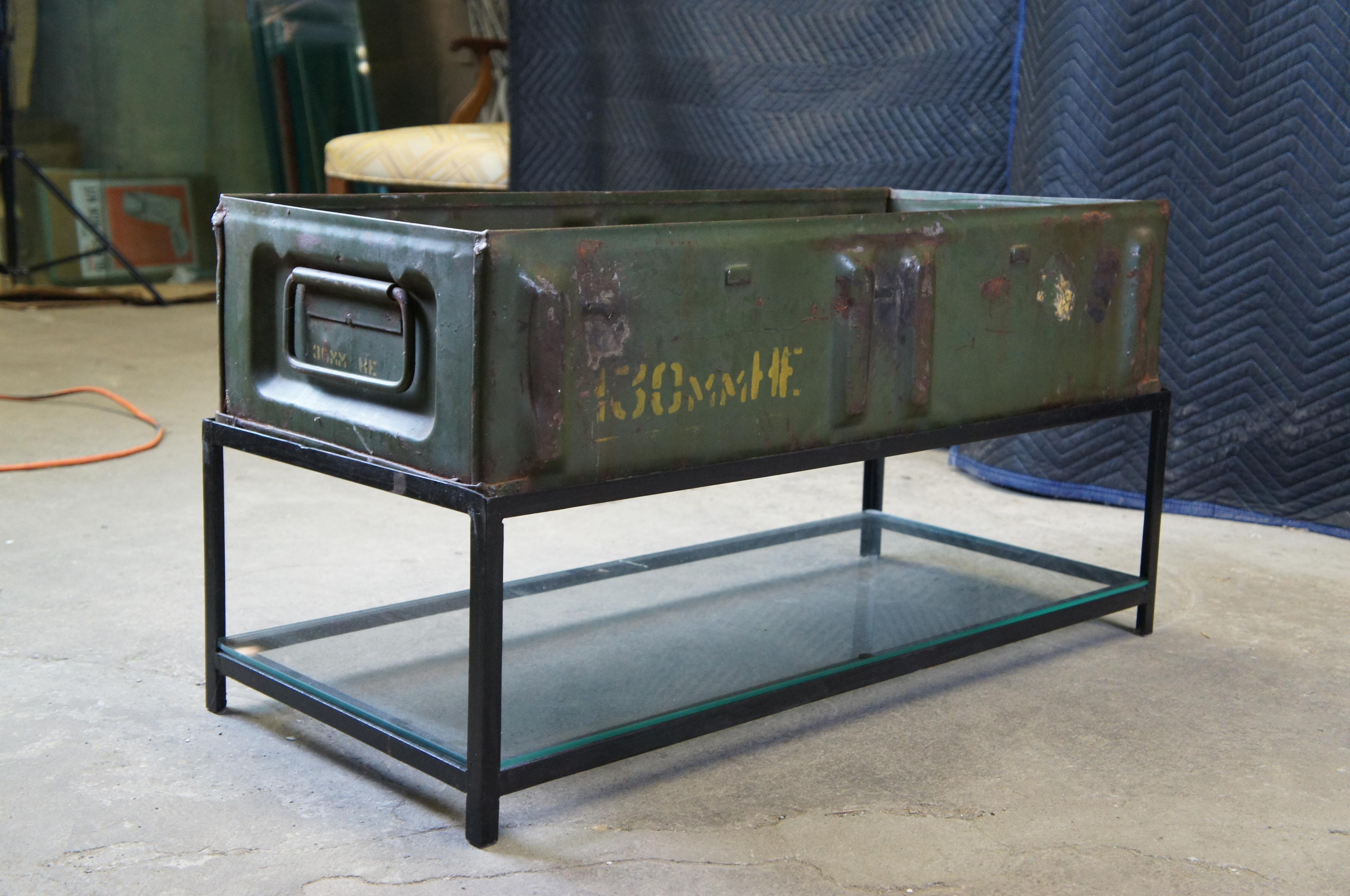 Handmade Vintage Repurposed Military Ammo Storage Box Coffee Table Steel Base 2