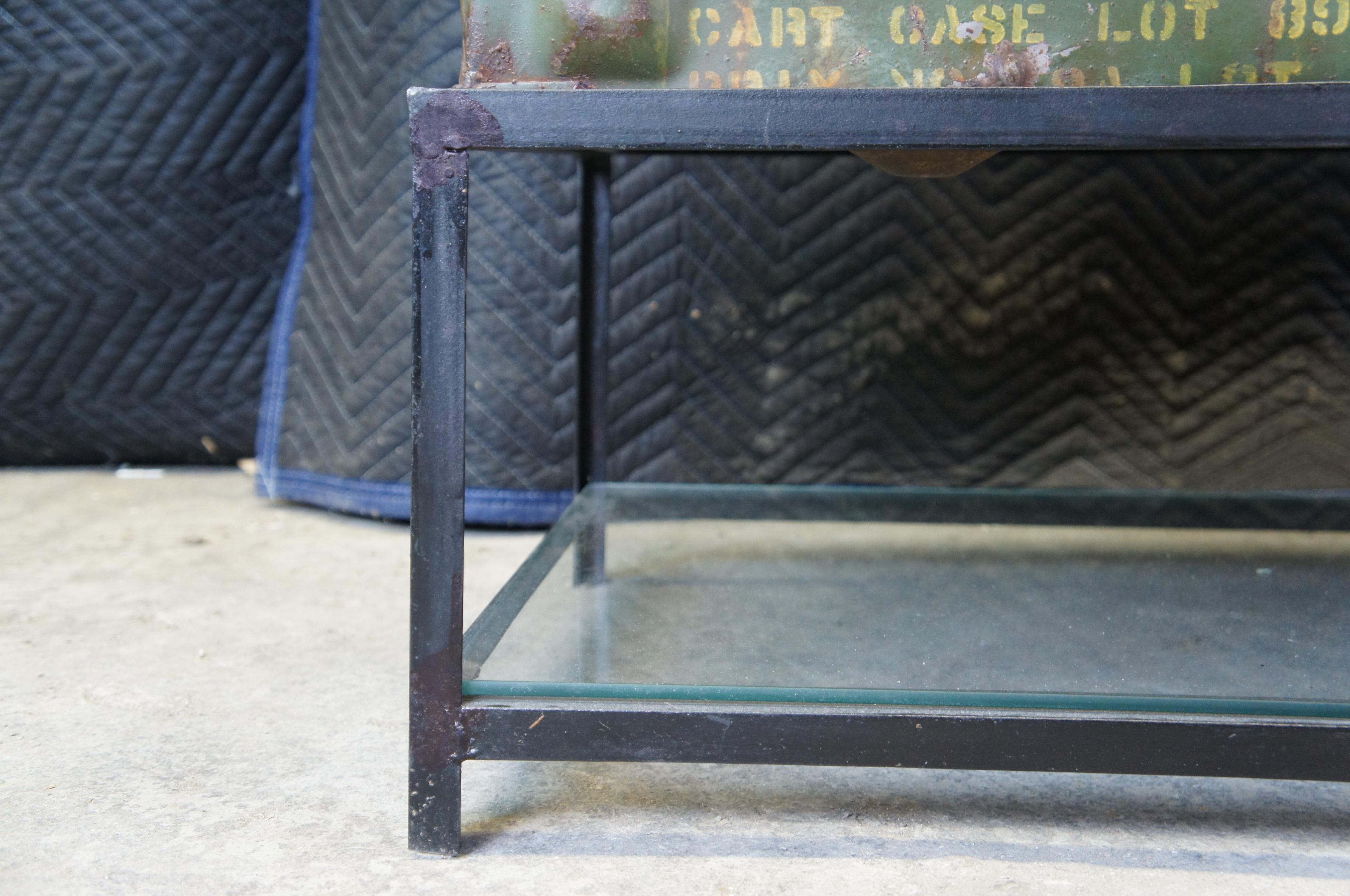 Handmade Vintage Repurposed Military Ammo Storage Box Coffee Table Steel Base In Good Condition In Dayton, OH