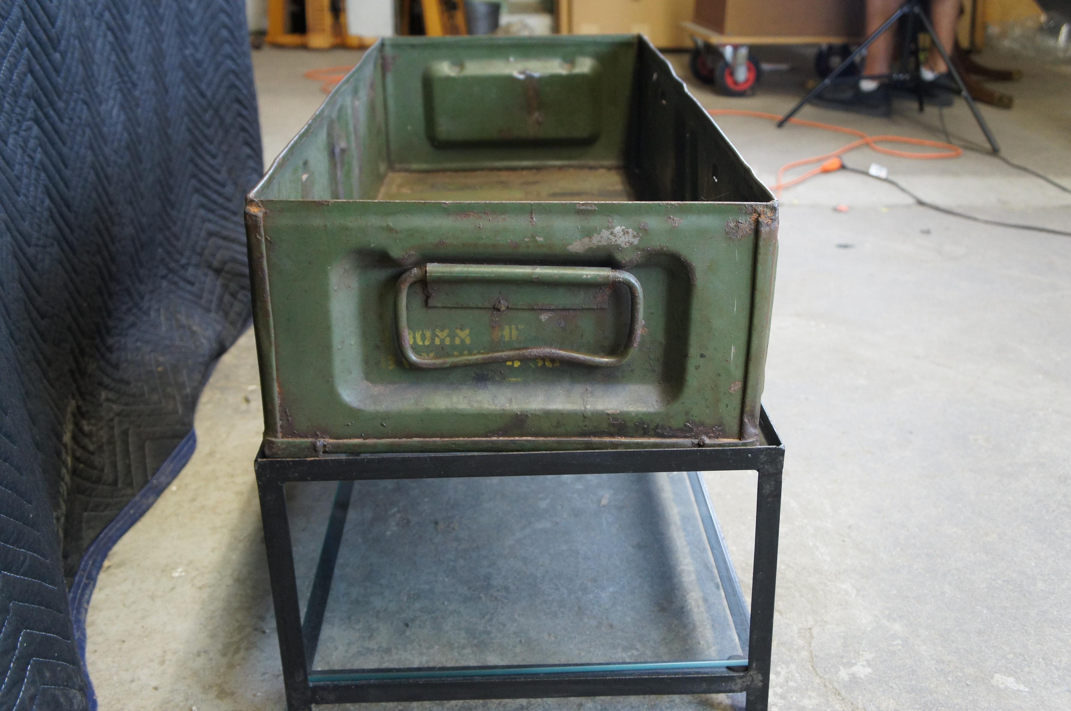 20th Century Handmade Vintage Repurposed Military Ammo Storage Box Coffee Table Steel Base