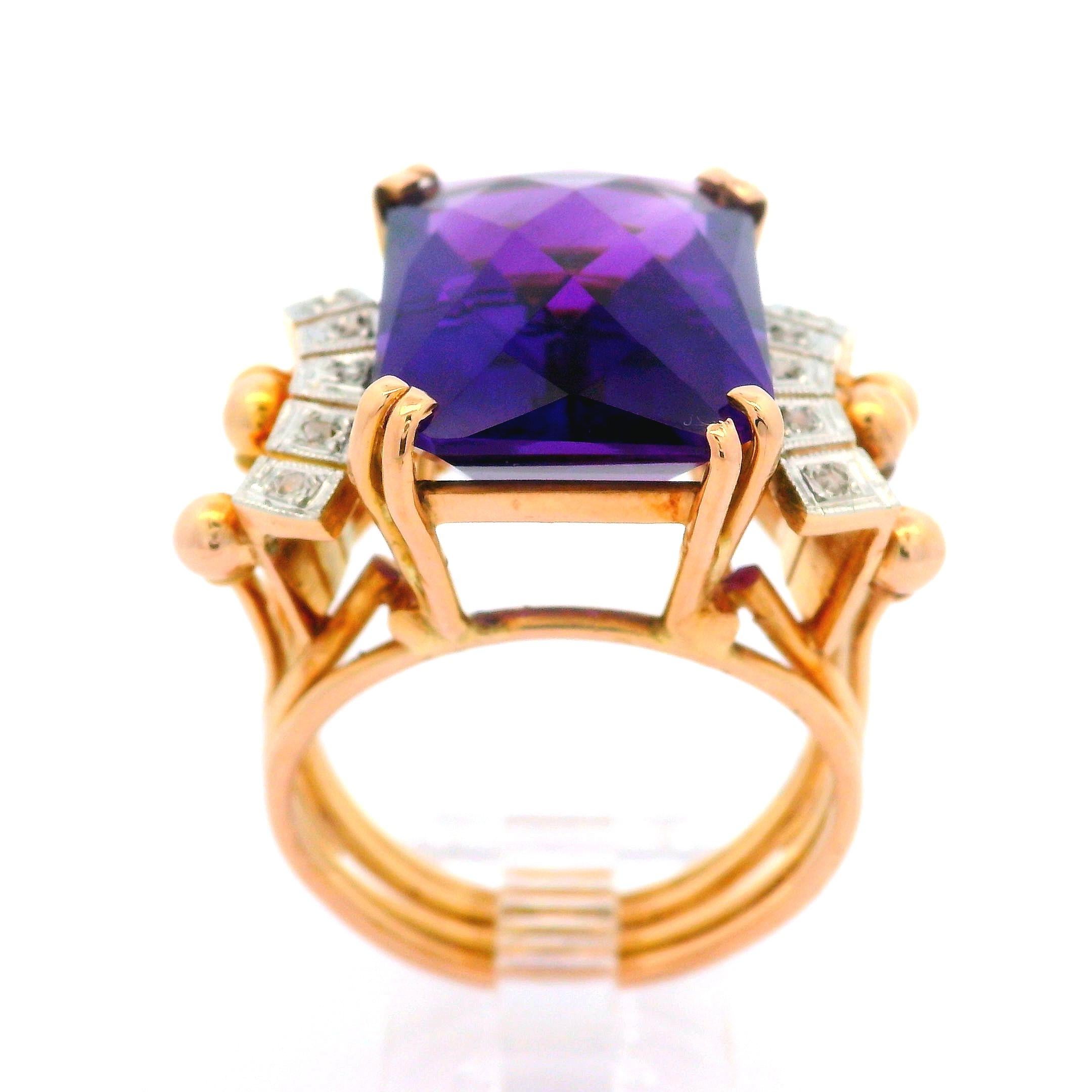 Handmade Vintage Retro 18k Rosy Yellow Gold Amethyst & Diamonds Cocktail Ring For Sale 5