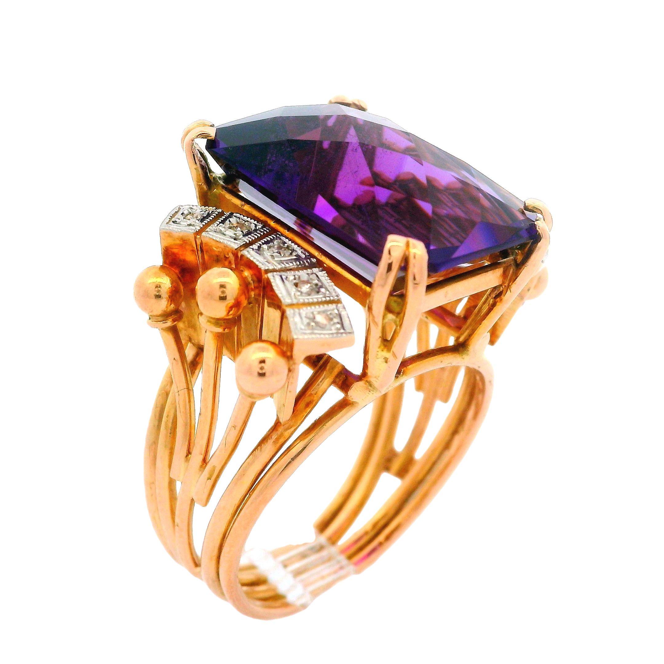 Handmade Vintage Retro 18k Rosy Yellow Gold Amethyst & Diamonds Cocktail Ring For Sale 6