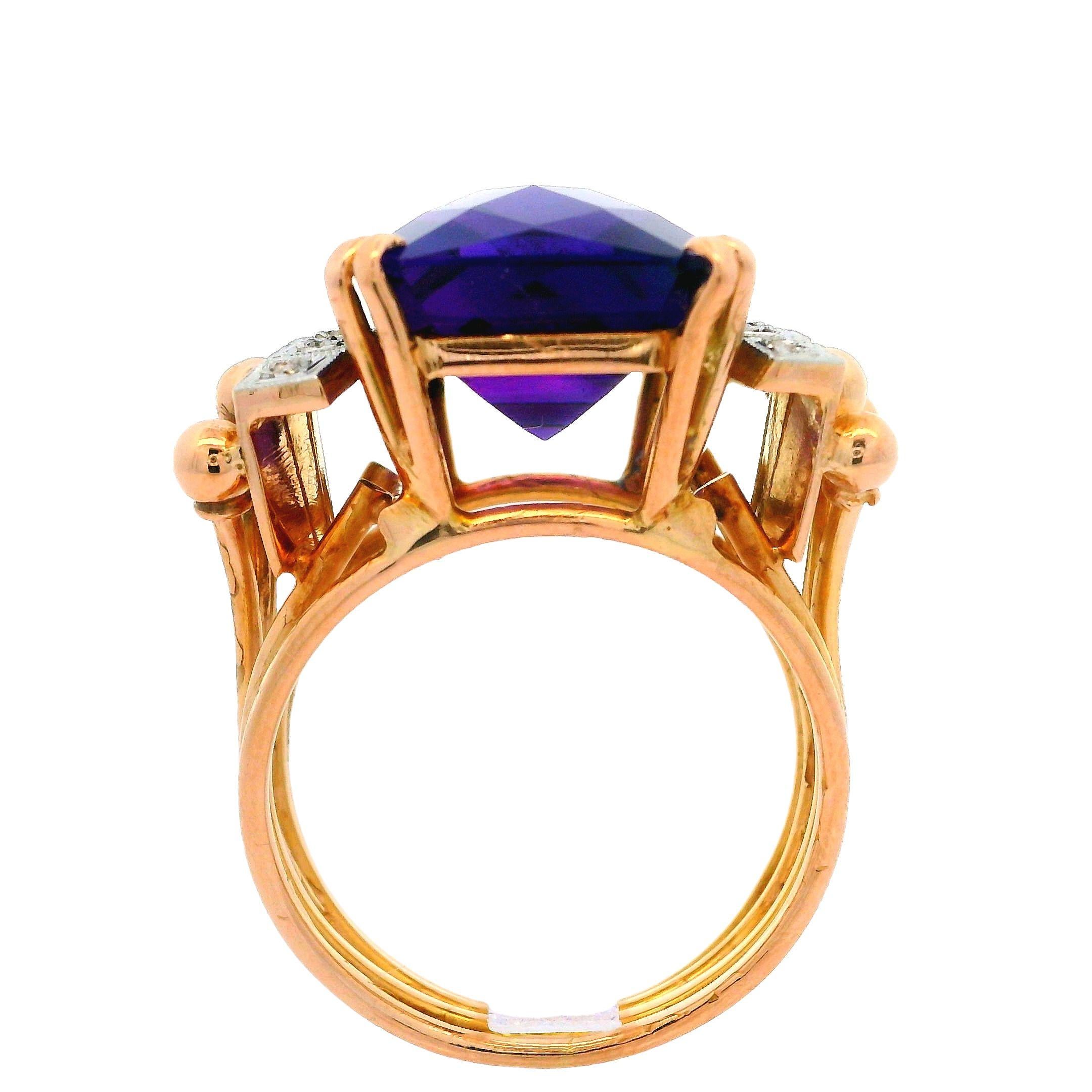Handmade Vintage Retro 18k Rosy Yellow Gold Amethyst & Diamonds Cocktail Ring For Sale 7