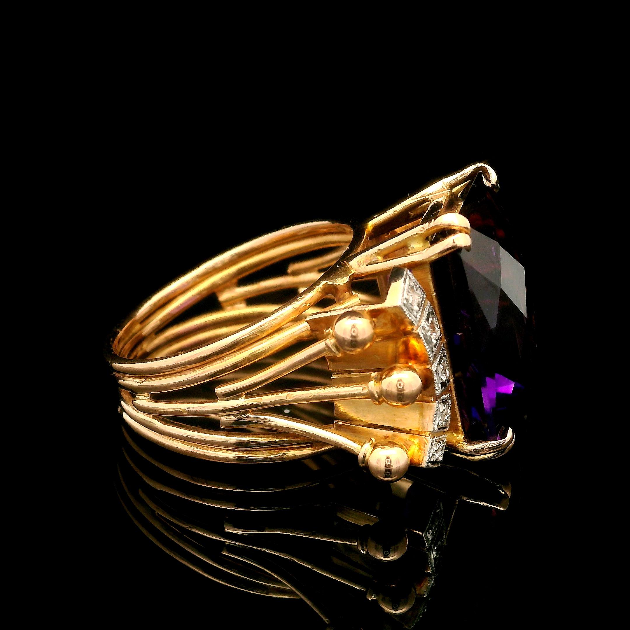 Emerald Cut Handmade Vintage Retro 18k Rosy Yellow Gold Amethyst & Diamonds Cocktail Ring For Sale