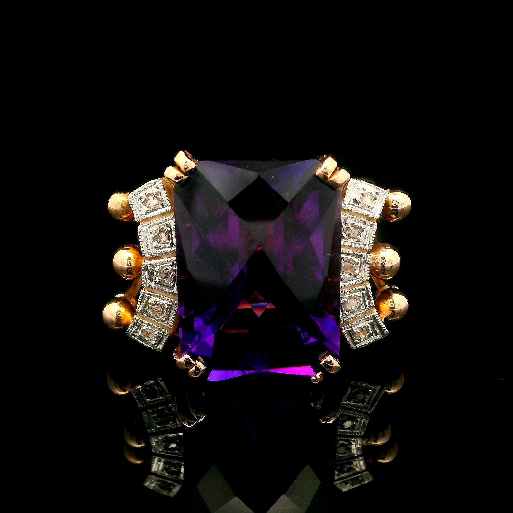 Handmade Vintage Retro 18k Rosy Yellow Gold Amethyst & Diamonds Cocktail Ring In Excellent Condition For Sale In Montclair, NJ