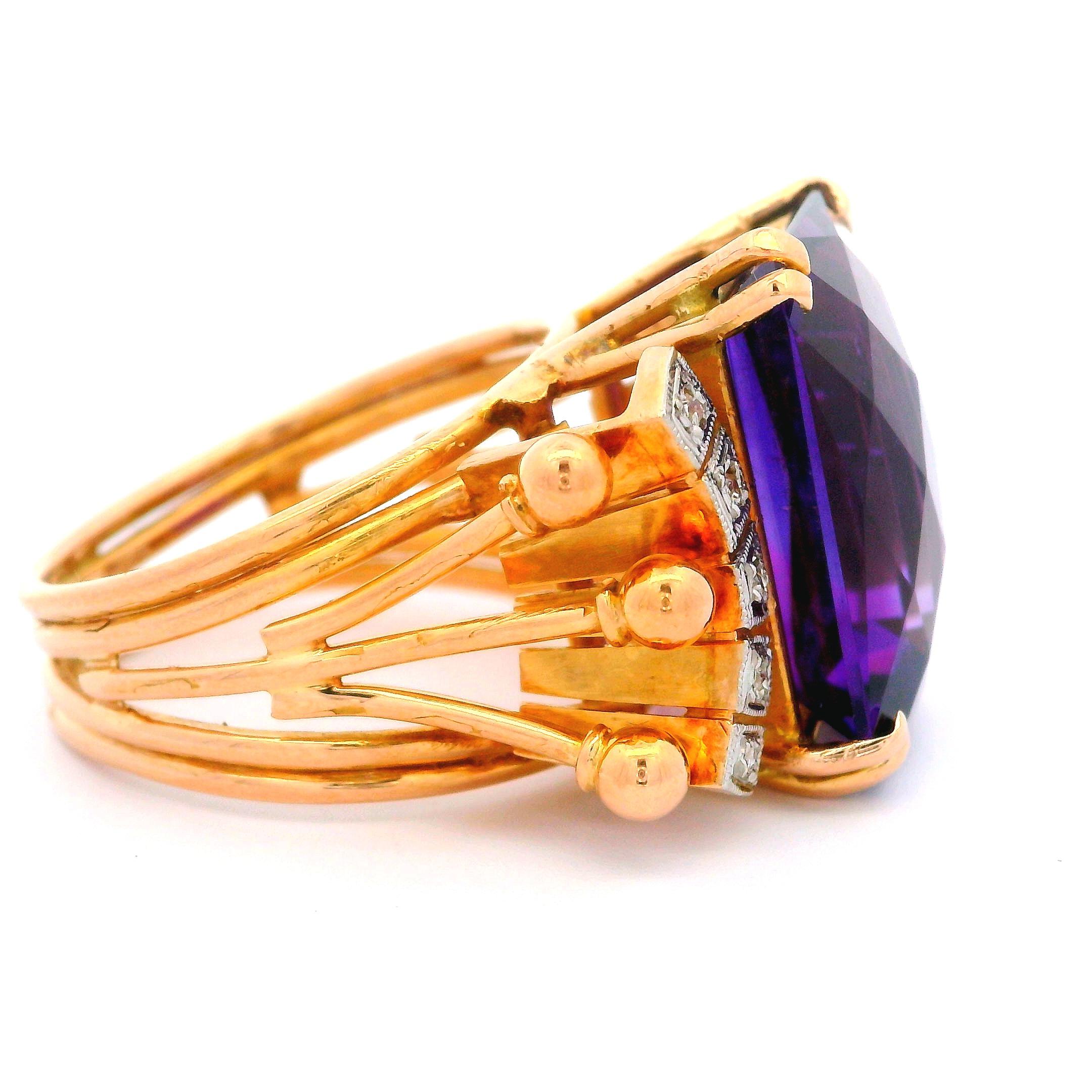 Handmade Vintage Retro 18k Rosy Yellow Gold Amethyst & Diamonds Cocktail Ring For Sale 4