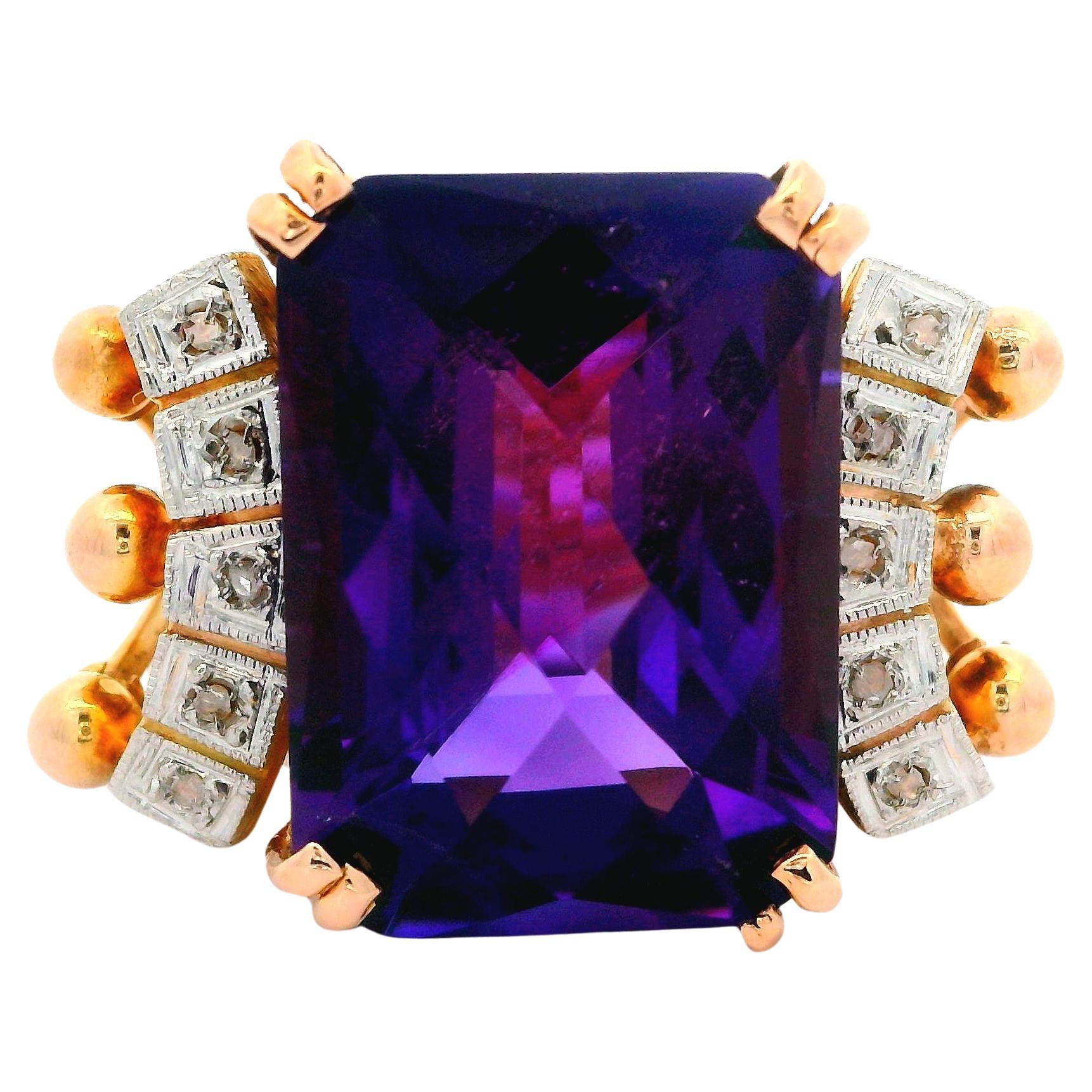 Handmade Vintage Retro 18k Rosy Yellow Gold Amethyst & Diamonds Cocktail Ring