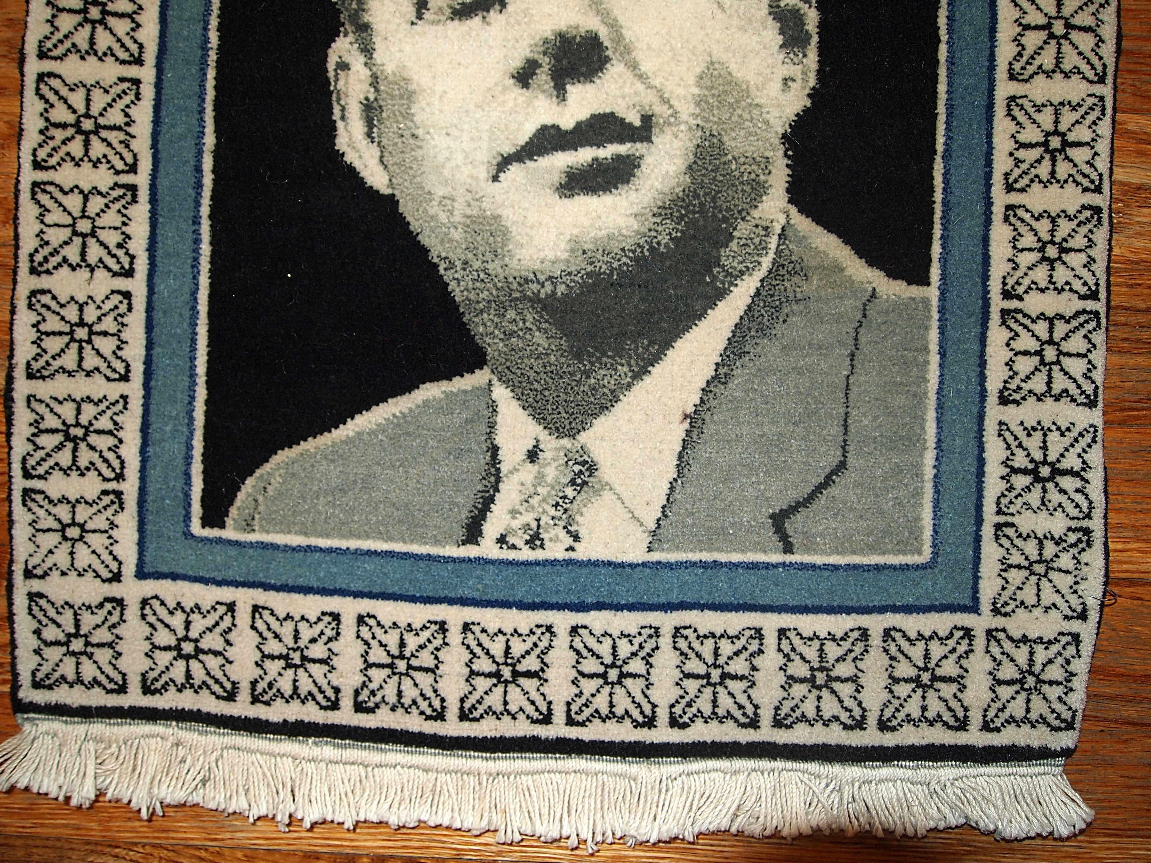 Asian Handmade Vintage Tabriz Style Kennedy Portrait Rug, 1980s, 1B365 For Sale