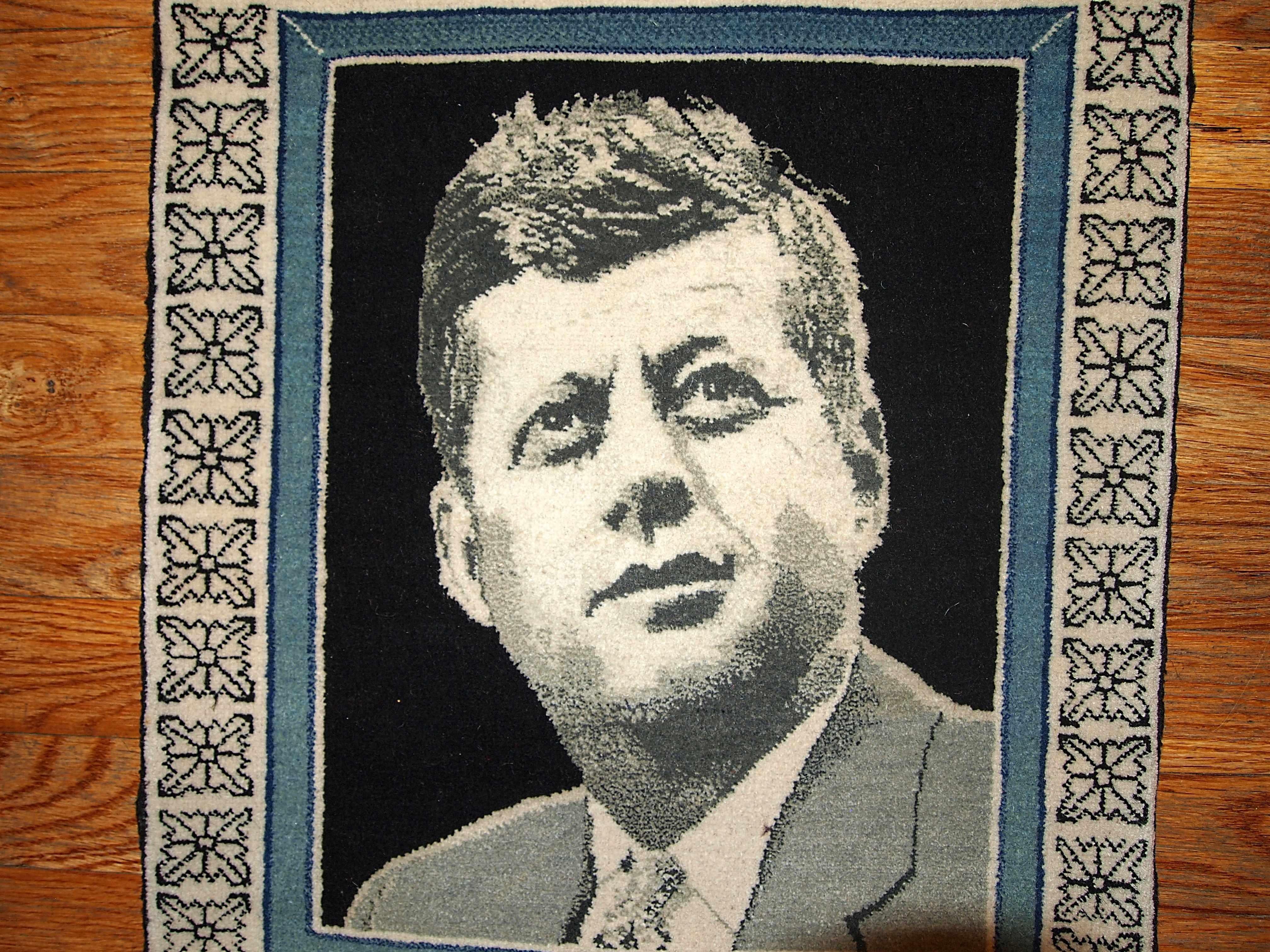 Hand-Knotted Handmade Vintage Tabriz Style Kennedy Portrait Rug, 1980s, 1B365 For Sale