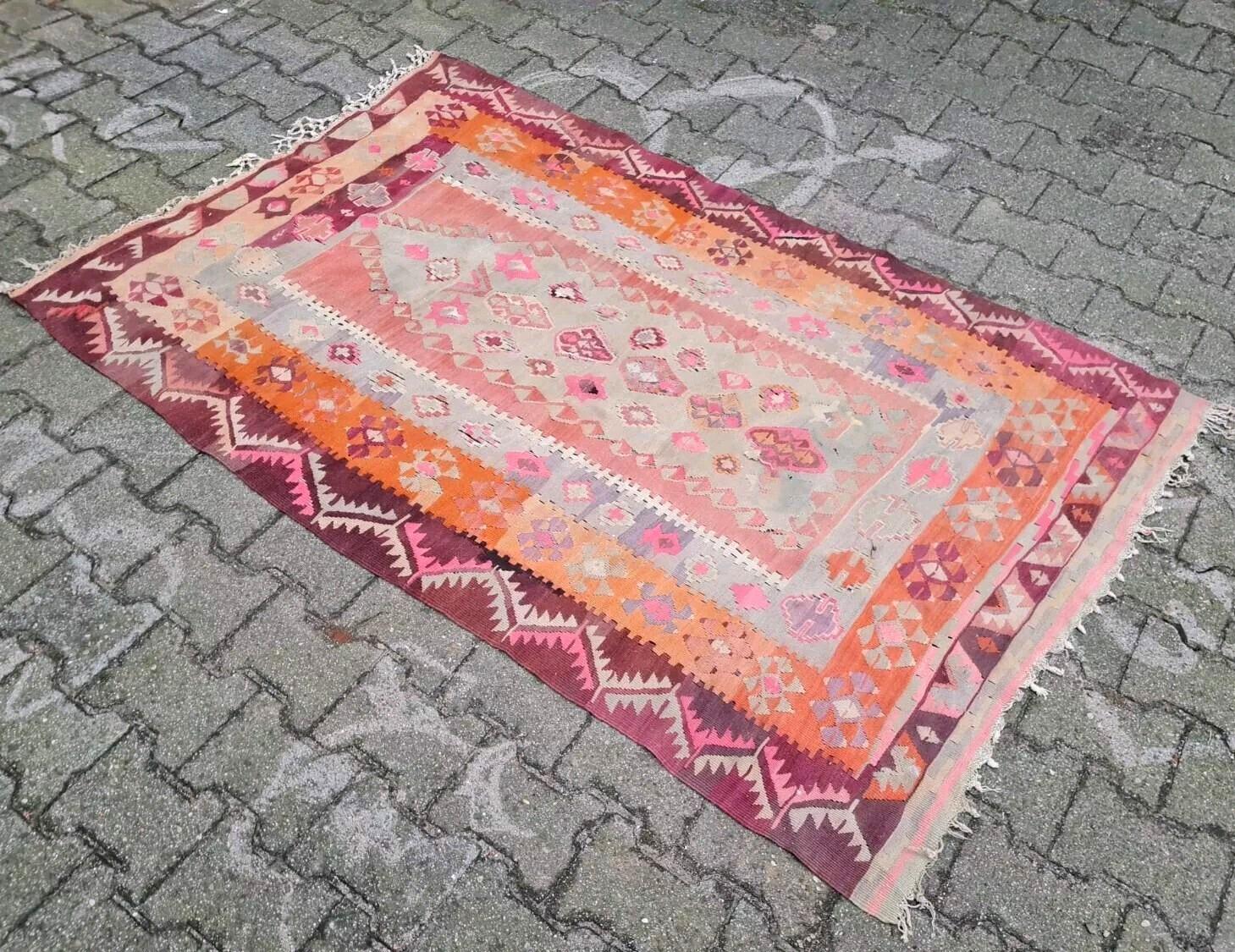 Français Rug & Kilim turc vintage fait main 3.9' x 6' 1940s - 2K34 en vente