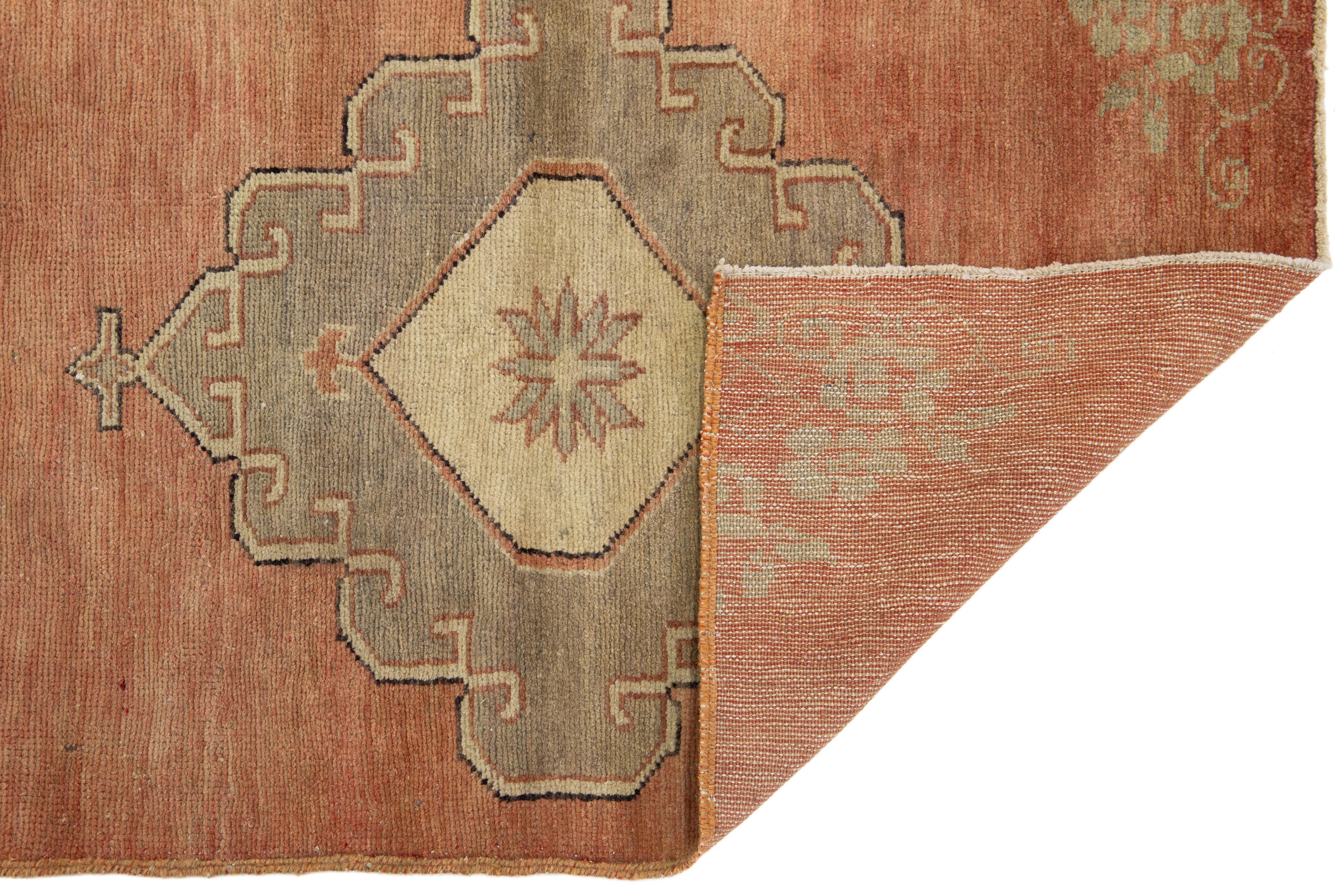 Handmade Vintage Turkish Anatolian Wool Runner In Terracotta with Tribal Motif In Excellent Condition For Sale In Norwalk, CT
