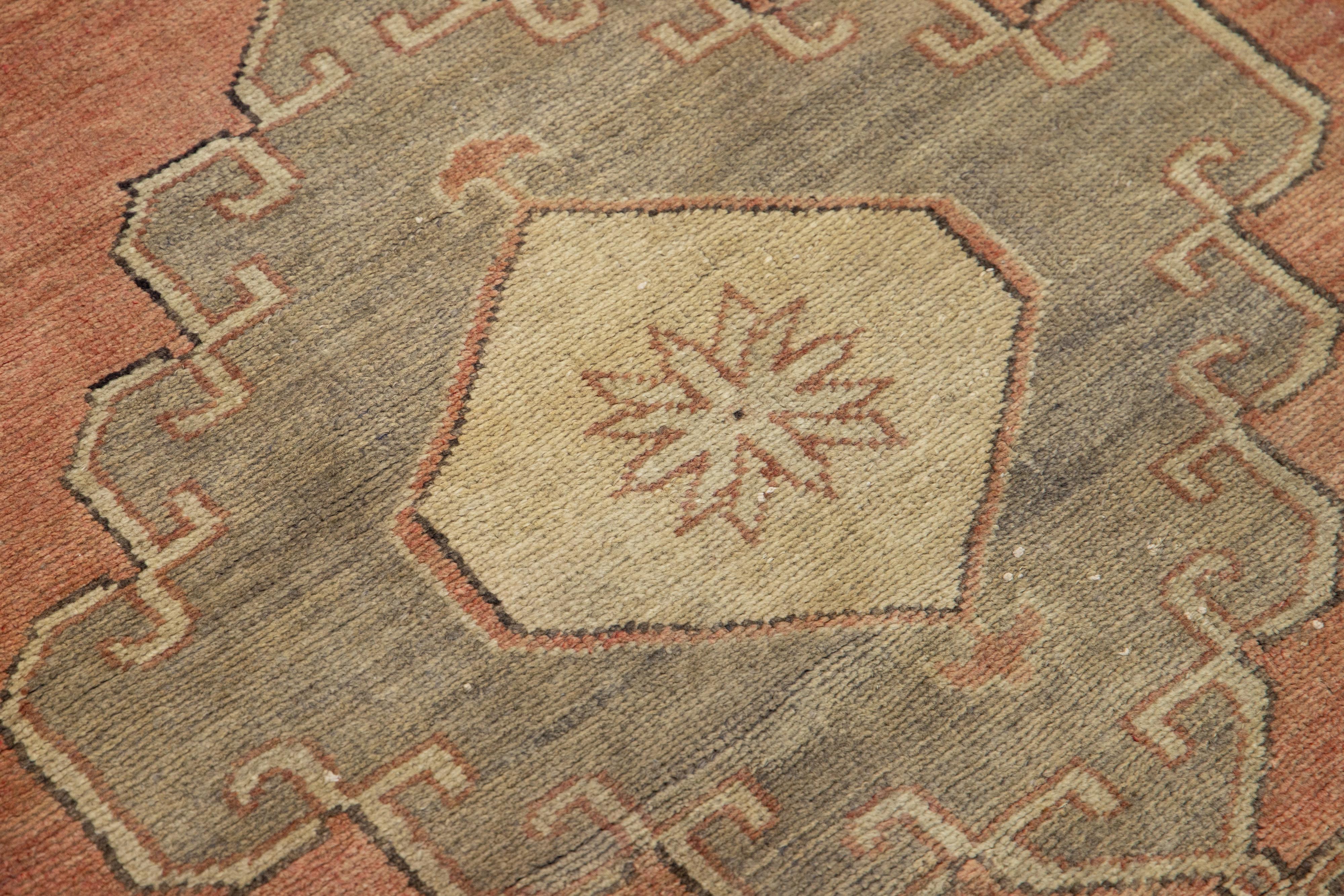 Handmade Vintage Turkish Anatolian Wool Runner In Terracotta with Tribal Motif For Sale 2