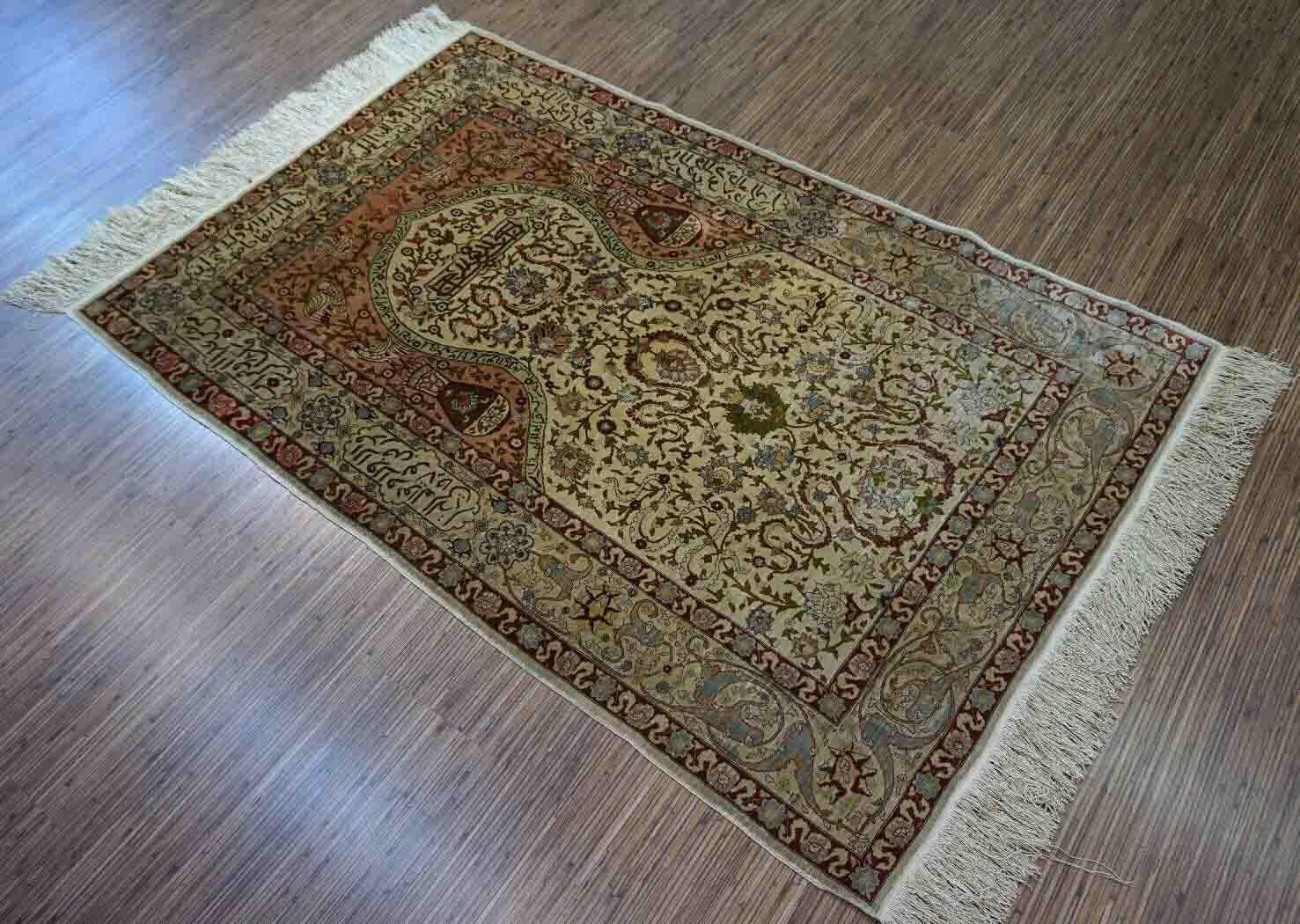 Handmade Vintage Turkish Hereke Silk Prayer Rug, 1950s, 1D11 5