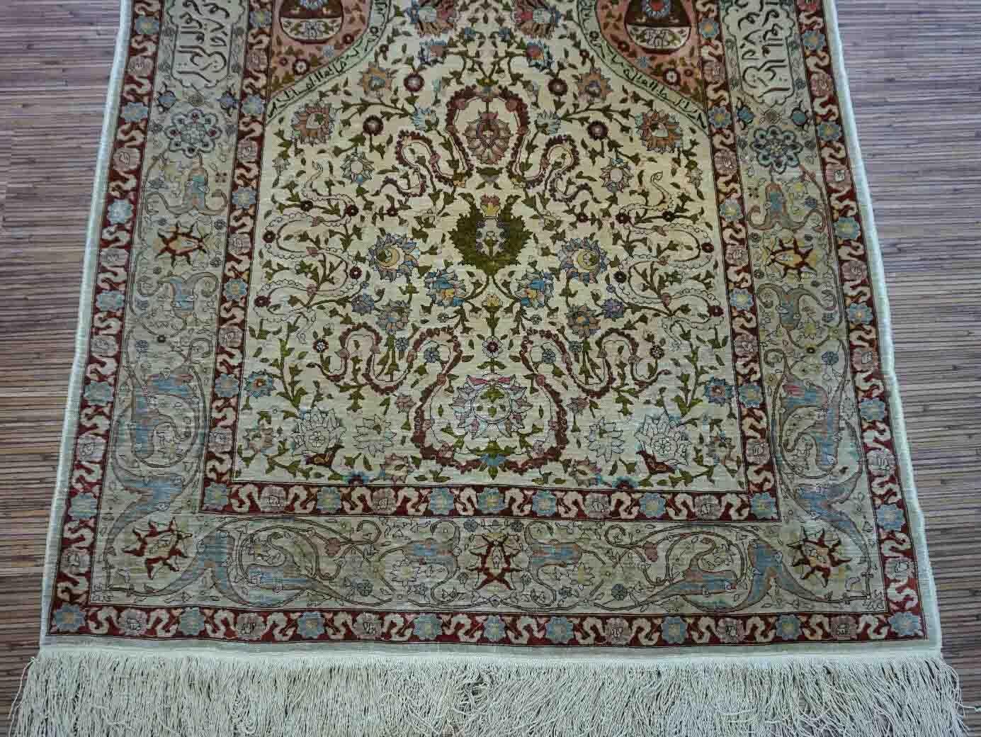 Hand-Knotted Handmade Vintage Turkish Hereke Silk Prayer Rug, 1950s, 1D11