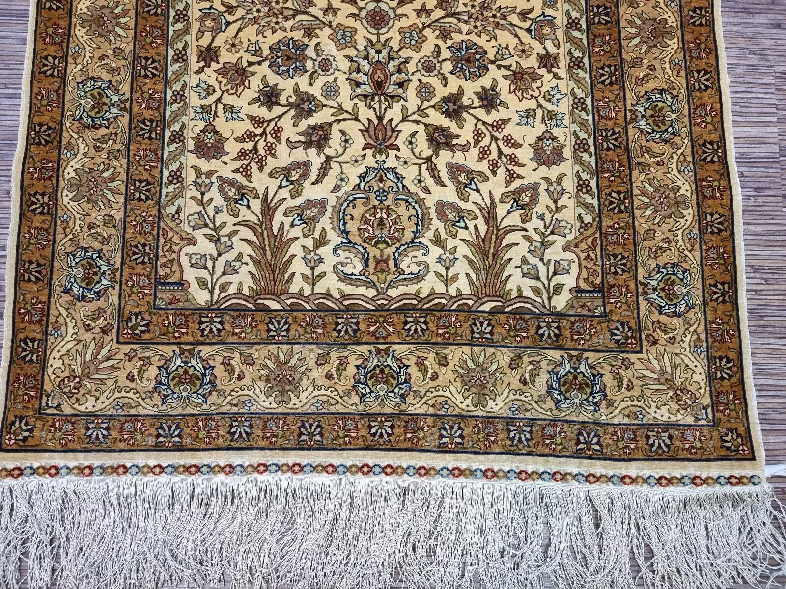 Hand-Knotted Handmade Vintage Turkish Hereke Silk Prayer Rug 3' x 4.3', 1970s - 1D126