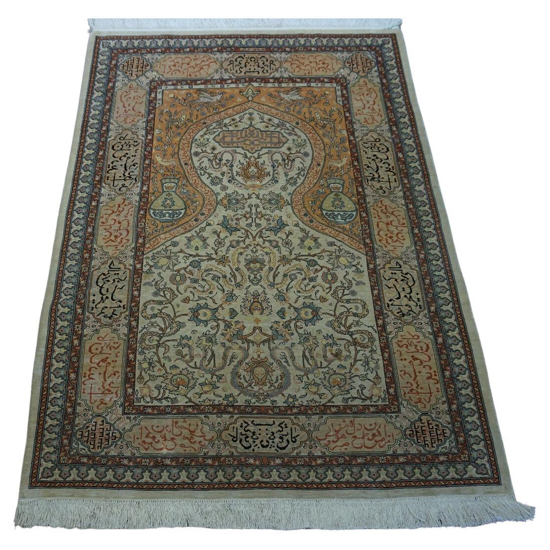Handmade Vintage Turkish Hereke Silk Prayer Rug 3.2' x 4.5', 1970s - 1D52 For Sale