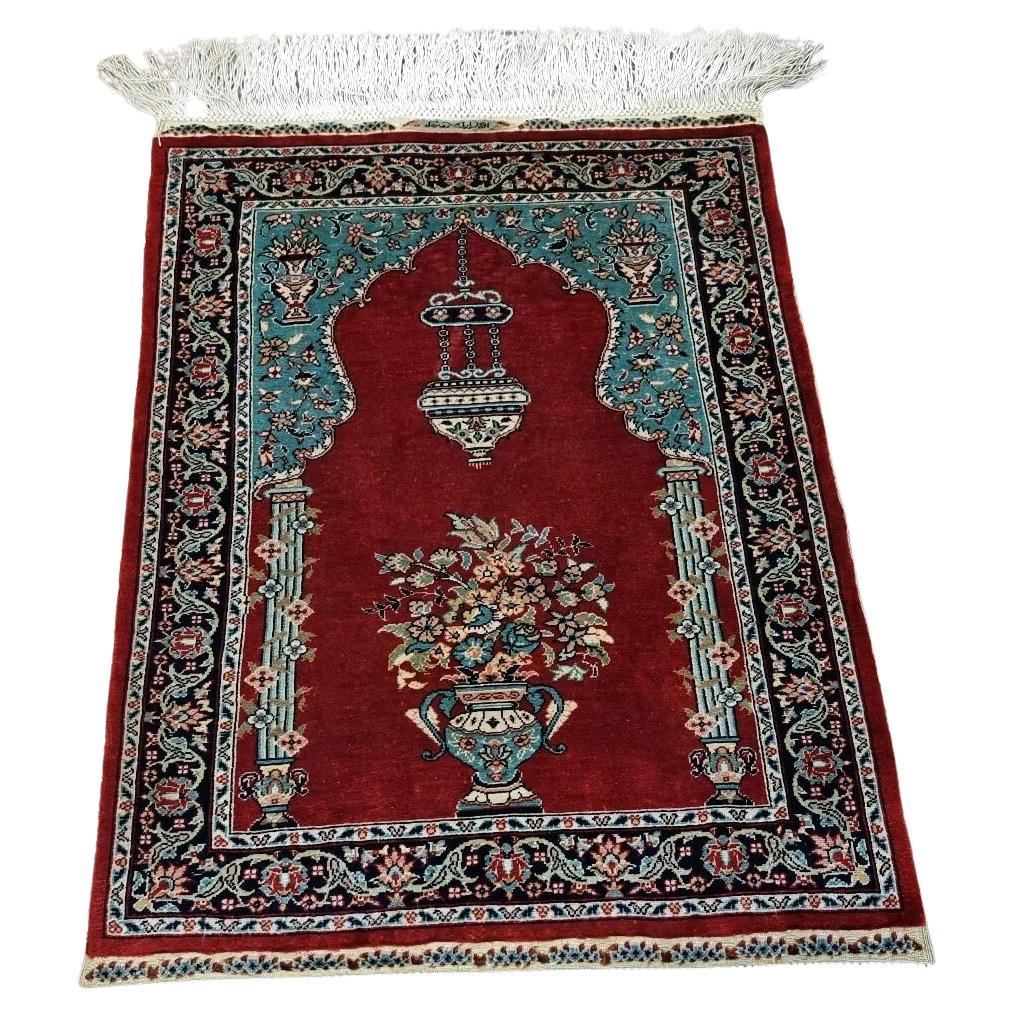 Handmade Vintage Turkish Hereke Silk Rug 13" x 17" 1970s - 1D190