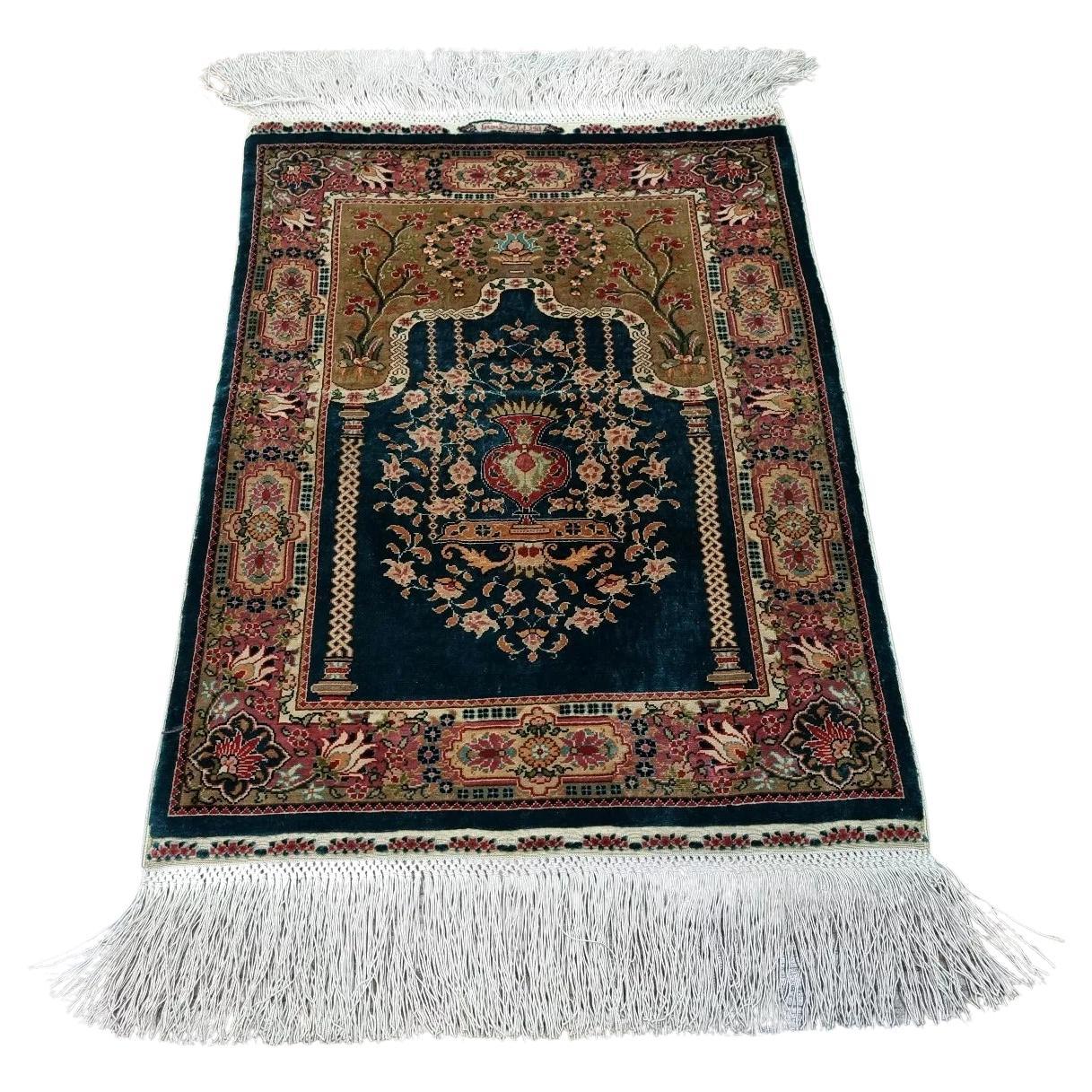 Handmade Vintage Turkish Hereke Silk Rug 13" x 17" 1970s - 1D191