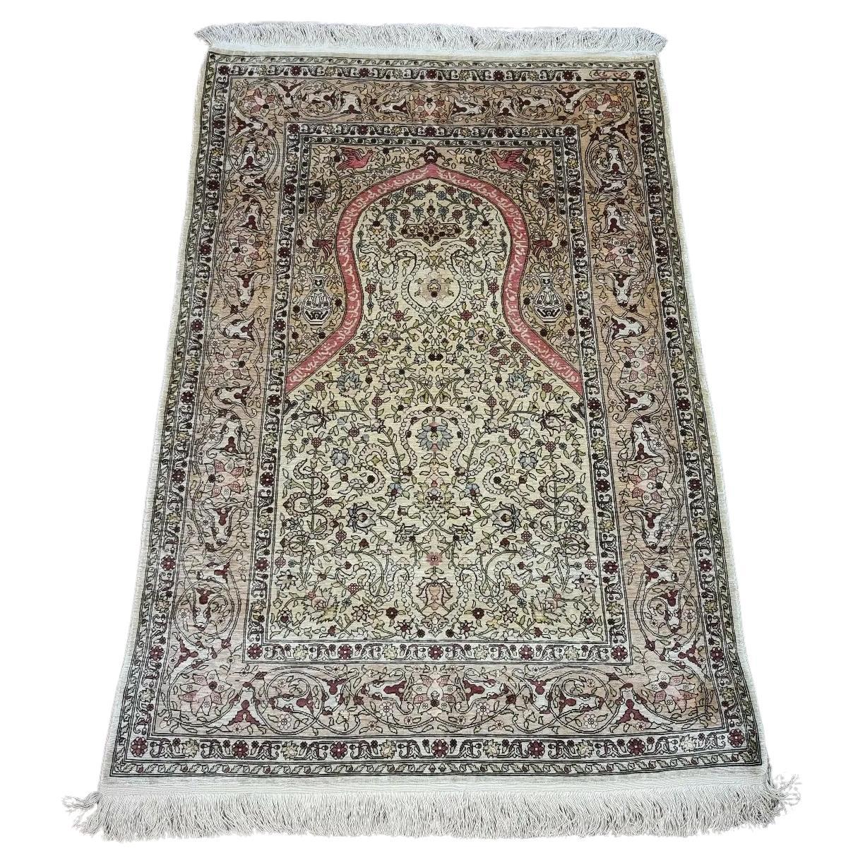 Handmade Vintage Turkish Hereke Silk Rug 2.6' x 3.7', 1980s - 1D134