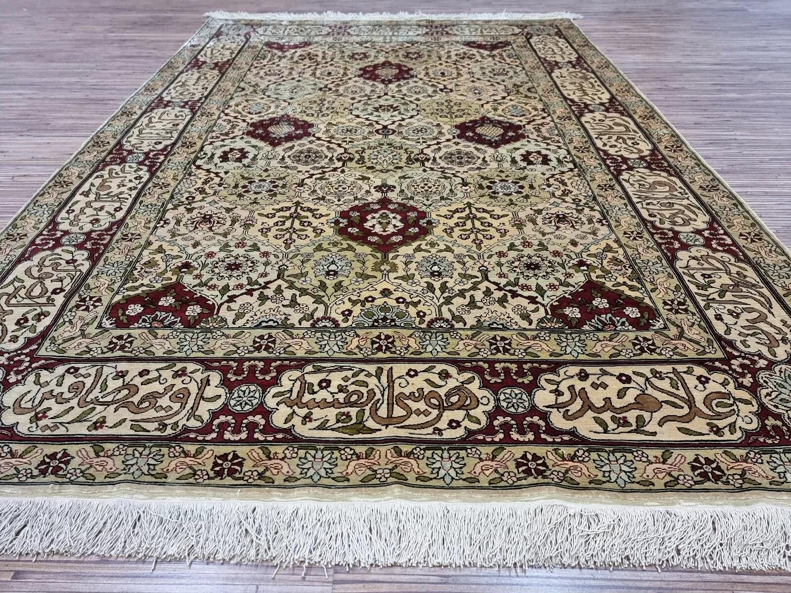Tappeto di seta turco Hereke vintage fatto a mano 3,3' x 4,7', anni '60 - 1D128 in vendita 2
