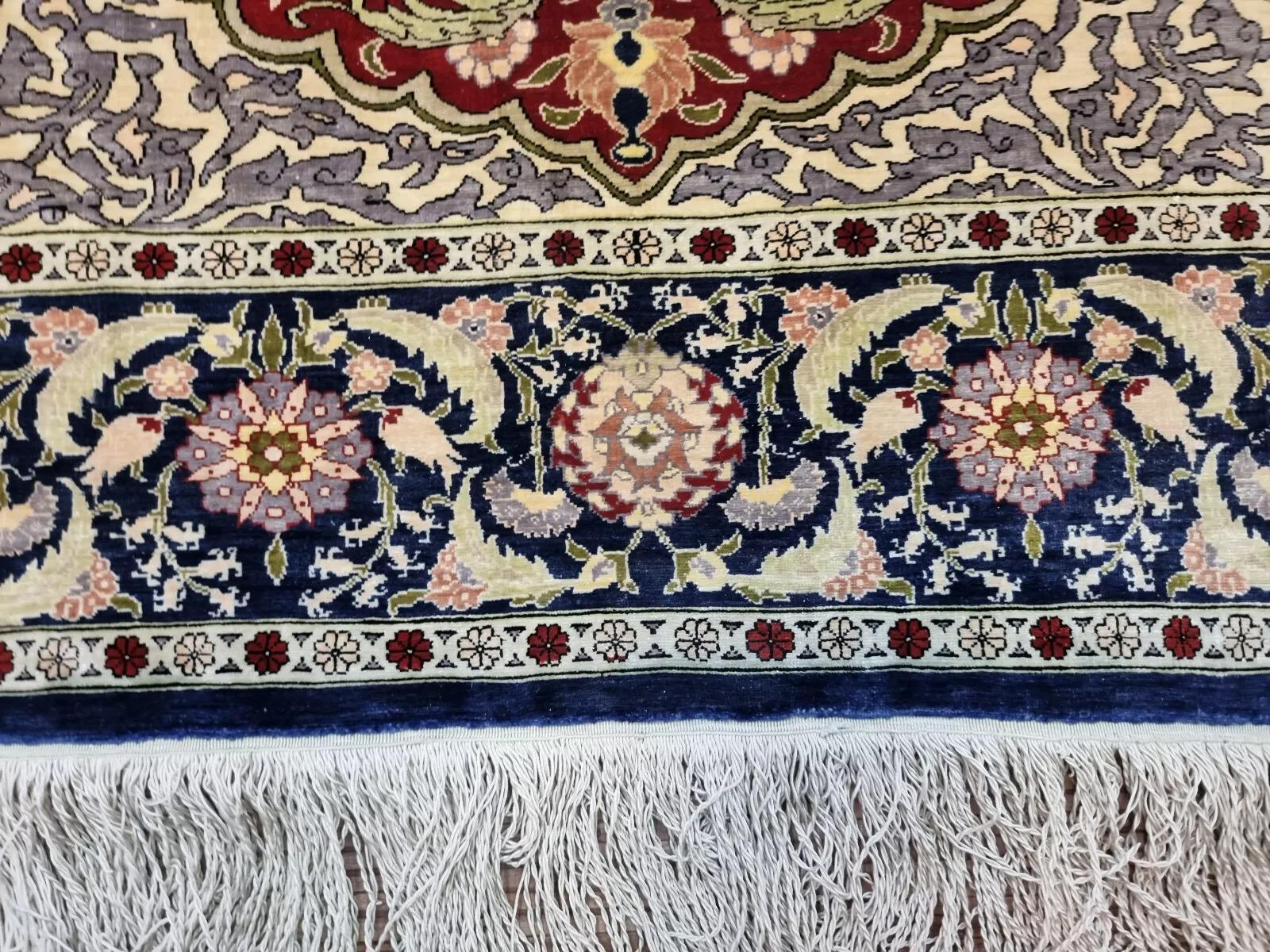 Hand-Knotted Handmade Vintage Turkish Hereke Silk Rug 3.3' x 4.8' 1980s - 1D152