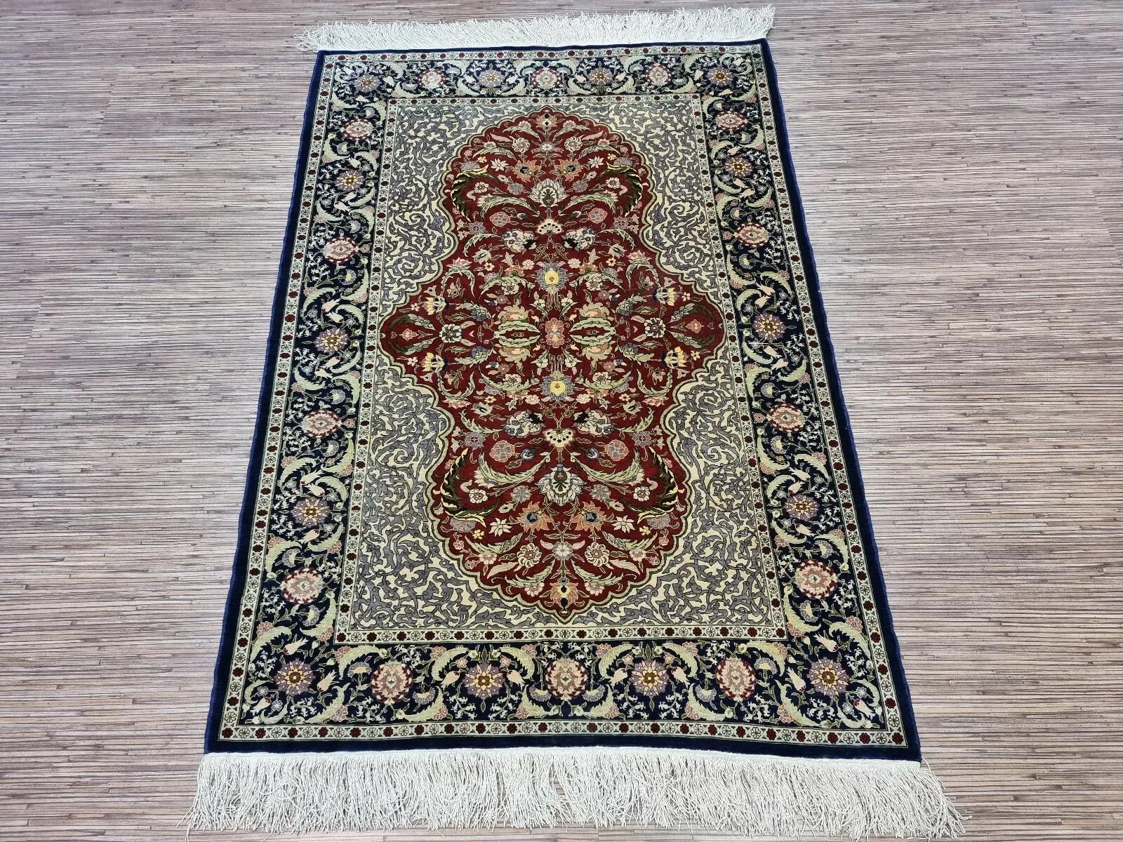 Handmade Vintage Turkish Hereke Silk Rug 3.3' x 4.8' 1980s - 1D152 4