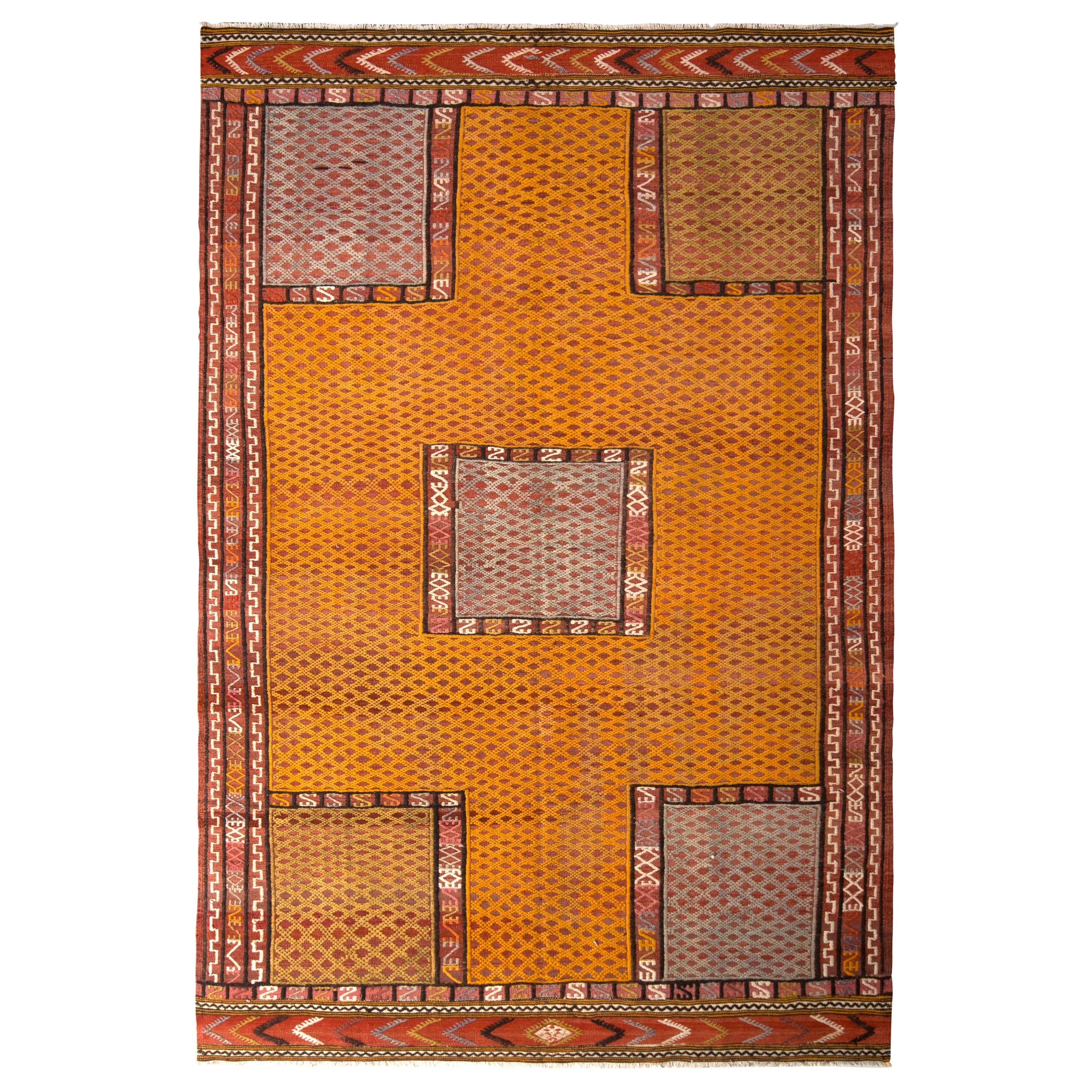 Handmade Vintage Turkish Kilim Rug Gold Multi-Color Textural Geometric Pattern