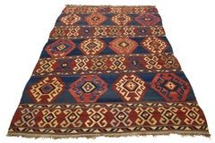 Handgefertigter türkischer Kelim-Wollteppich im Vintage-Stil, geometrisch in Blau und Rot
