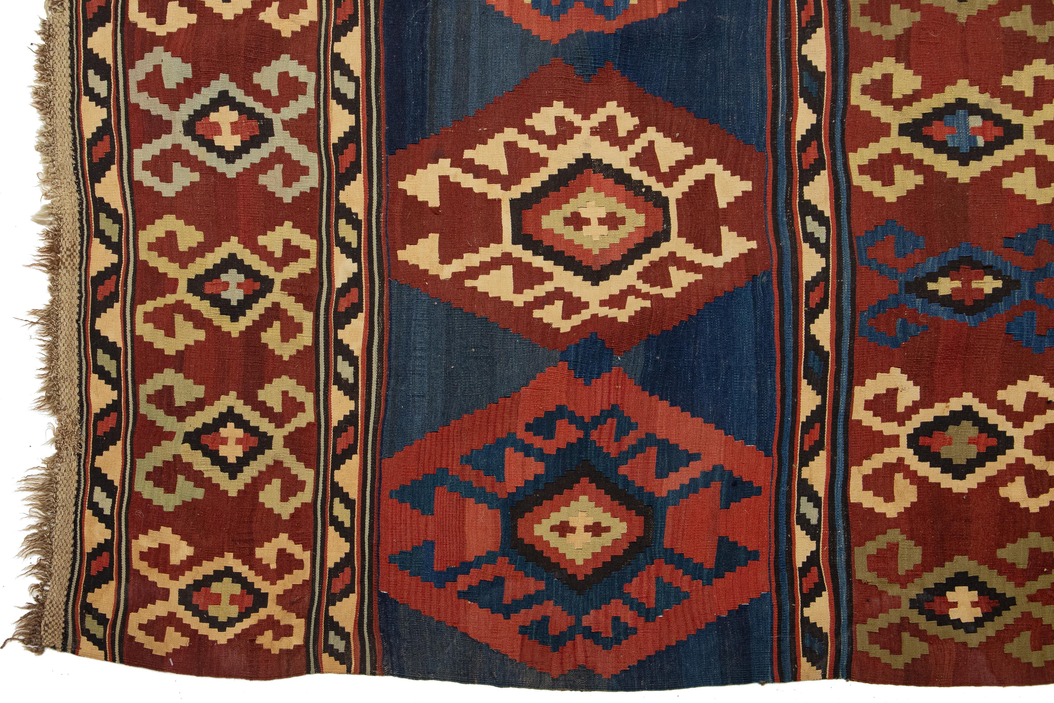 Early 20th Century Handmade Vintage Turkish Kilim Wool Rug Allover Geometric In Blue and Red For Sale
