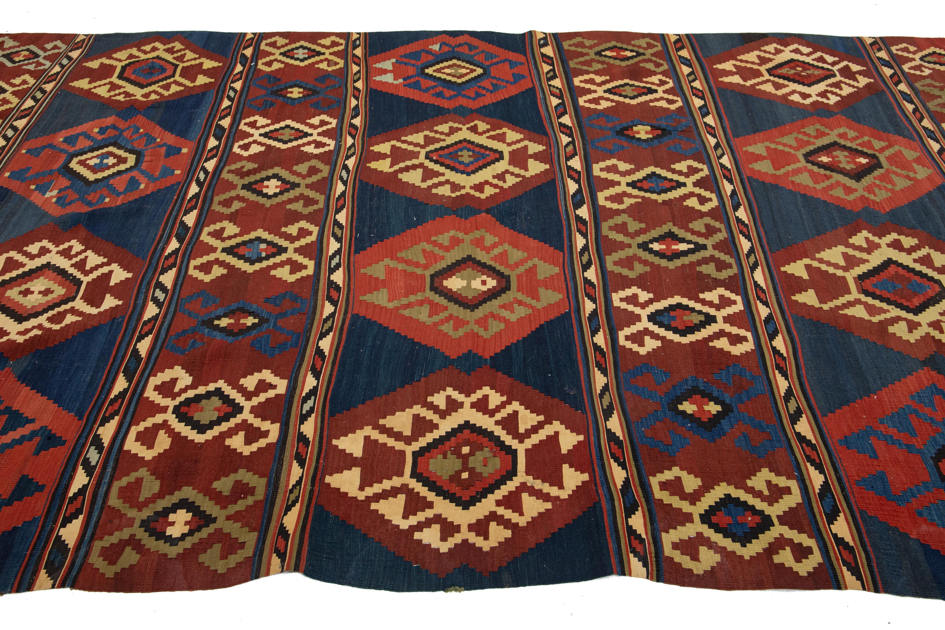 Handmade Vintage Turkish Kilim Wool Rug Allover Geometric In Blue and Red For Sale 1